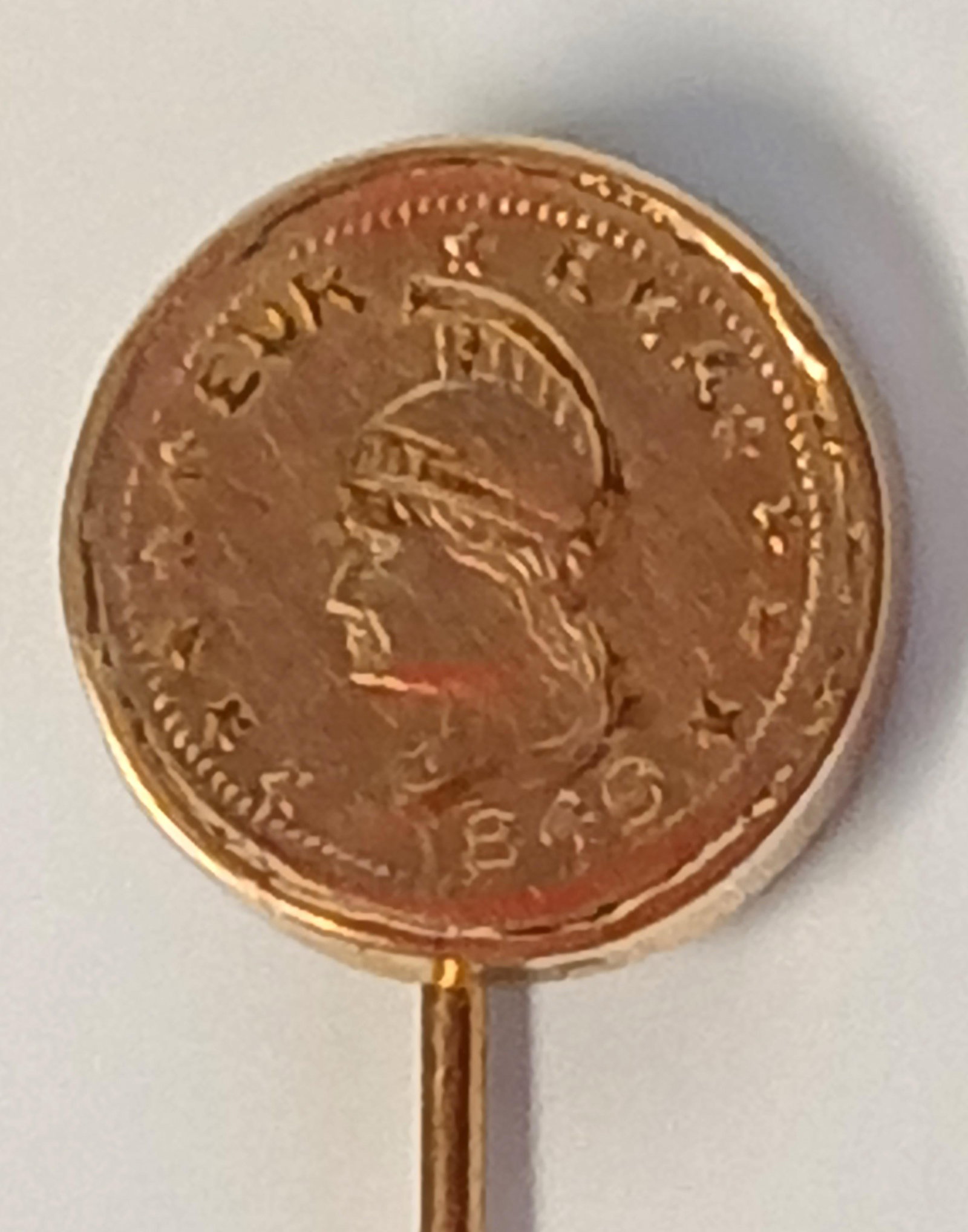 1849 Eureka California Gold Token, 10K Gold Stick Pin: One vintage stick pin with attached California gold token; Stick pin is marked "10K"; Token is dated 1849 and reads "Eureka" across the front; Back of token reads "California Gold"; Pin measures appro