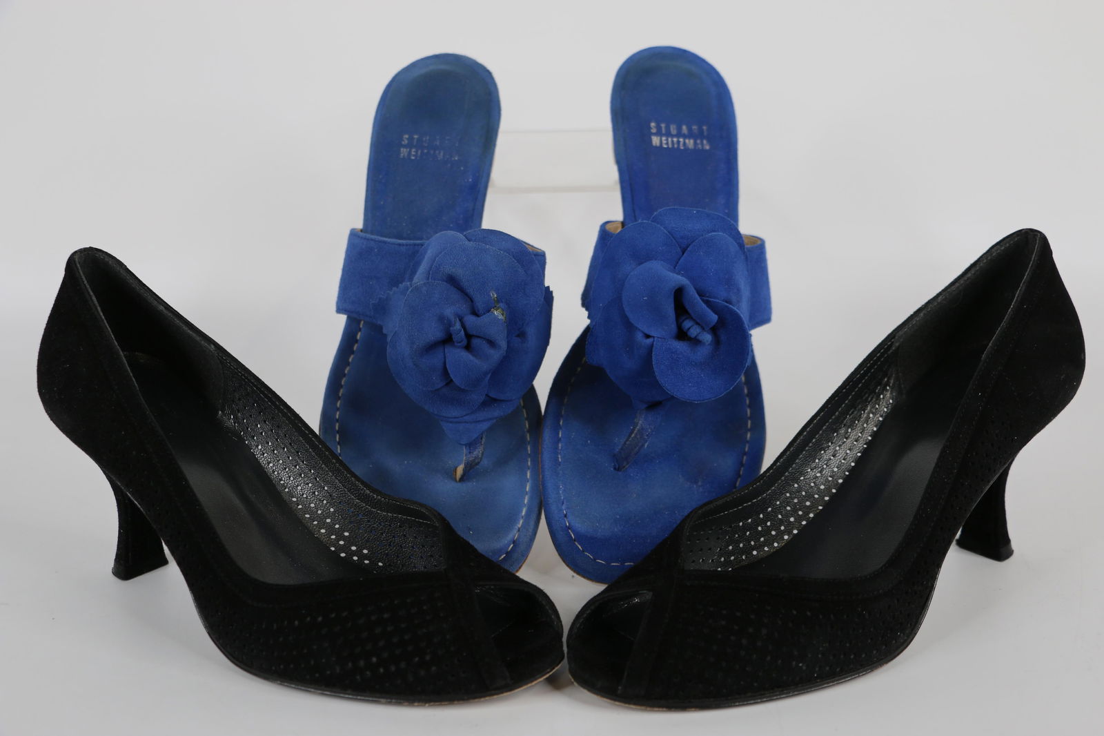 Stuart Weitzman, Ladies Shoes: Two pairs of preowned ladies shoes; Blue suede sandals are size 7M; Black suede heels are size 6 1/2 M; Both pairs are used and show wear. See photos