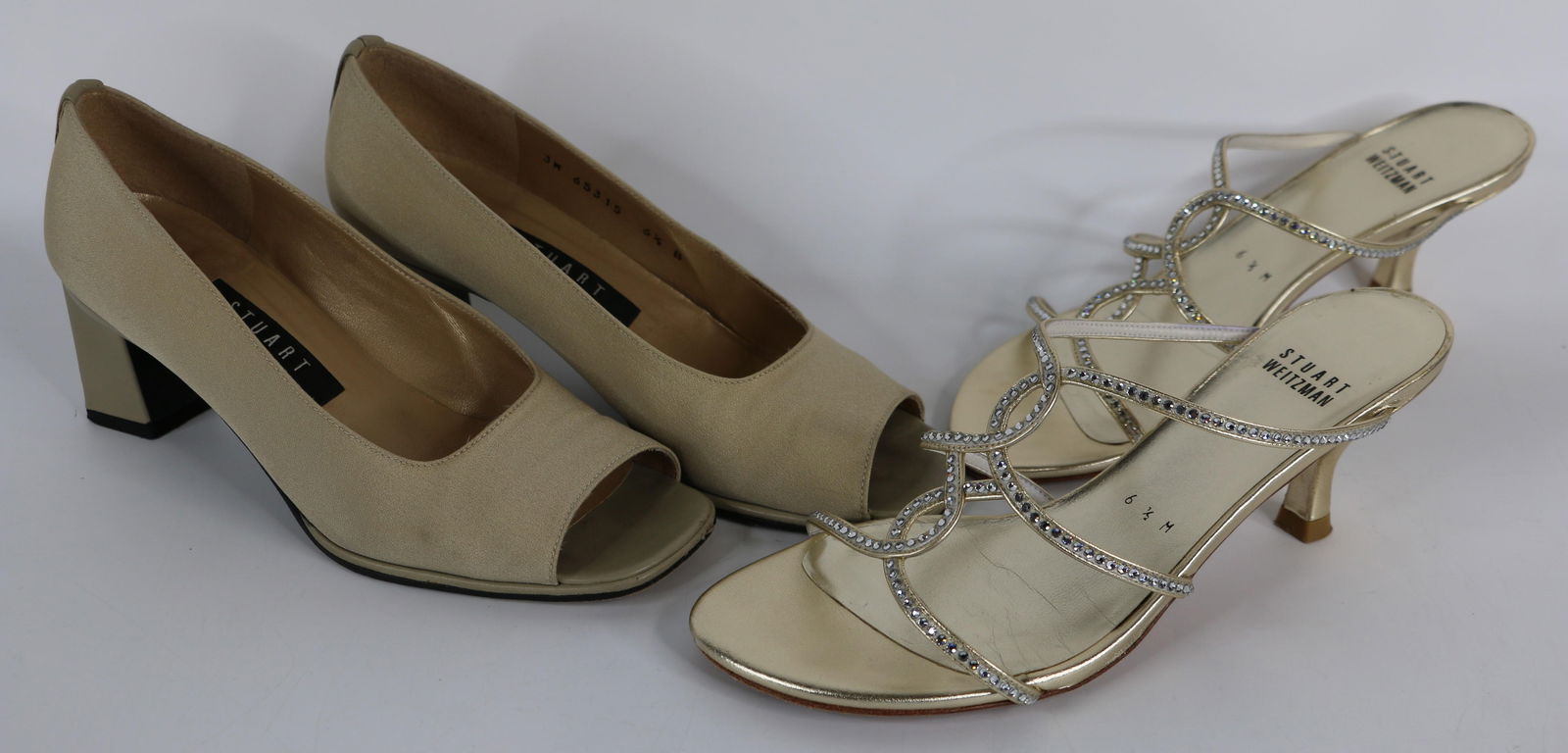 Stuart Weitzman, Ladies Shoes: Two pairs of preowned ladies shoes; Open toe fabric heels are size 6 1/2; Gold and rhinestone sandals are size 6 1/2 M; Both pairs are used and show wear. See photos