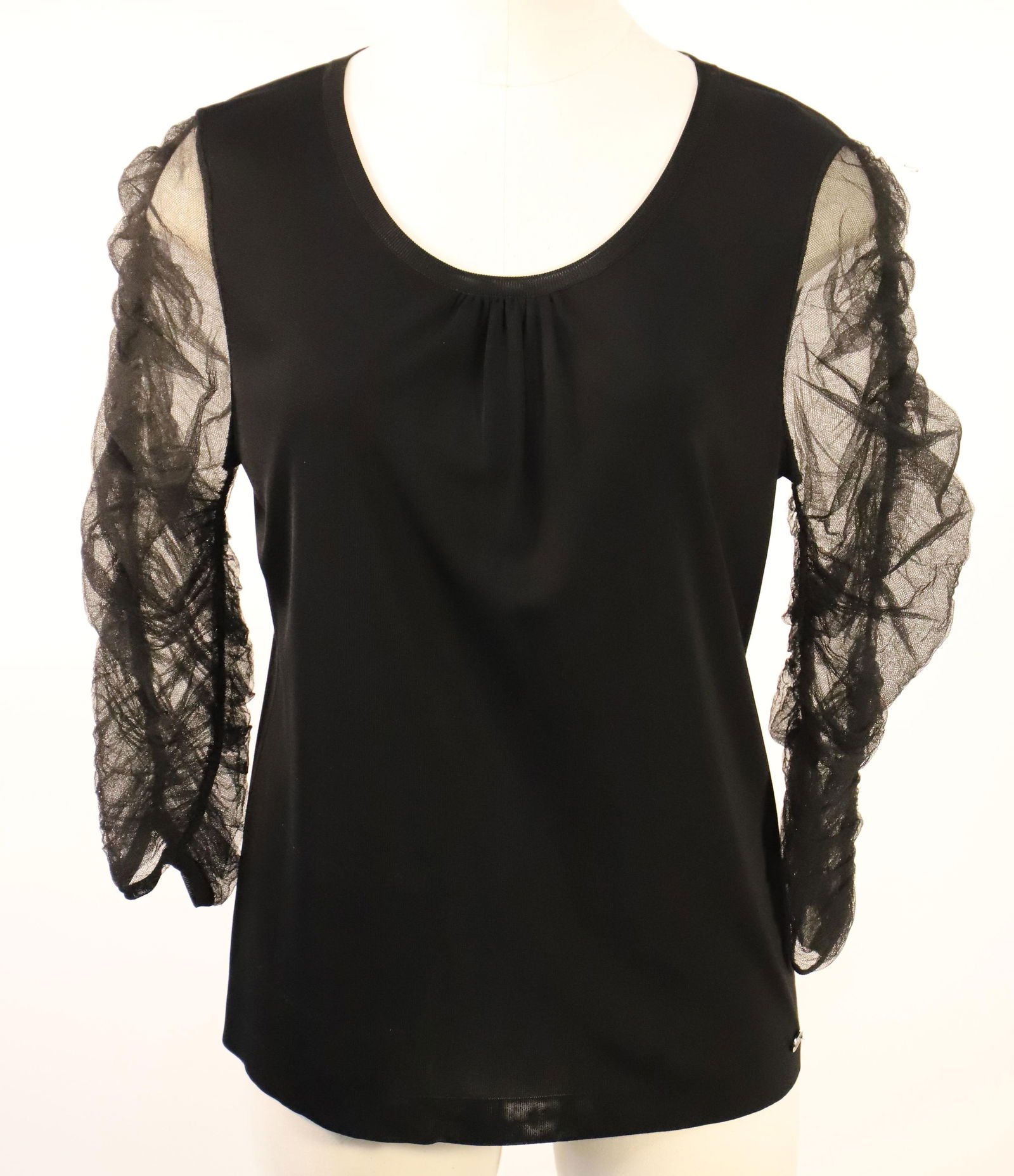 Chanel, Silk Top: Chanel ladies silk top with sheer sleeves; Size FR 44; Preowned, no damage observed. See photos (Please note, this item has not been authenticated)