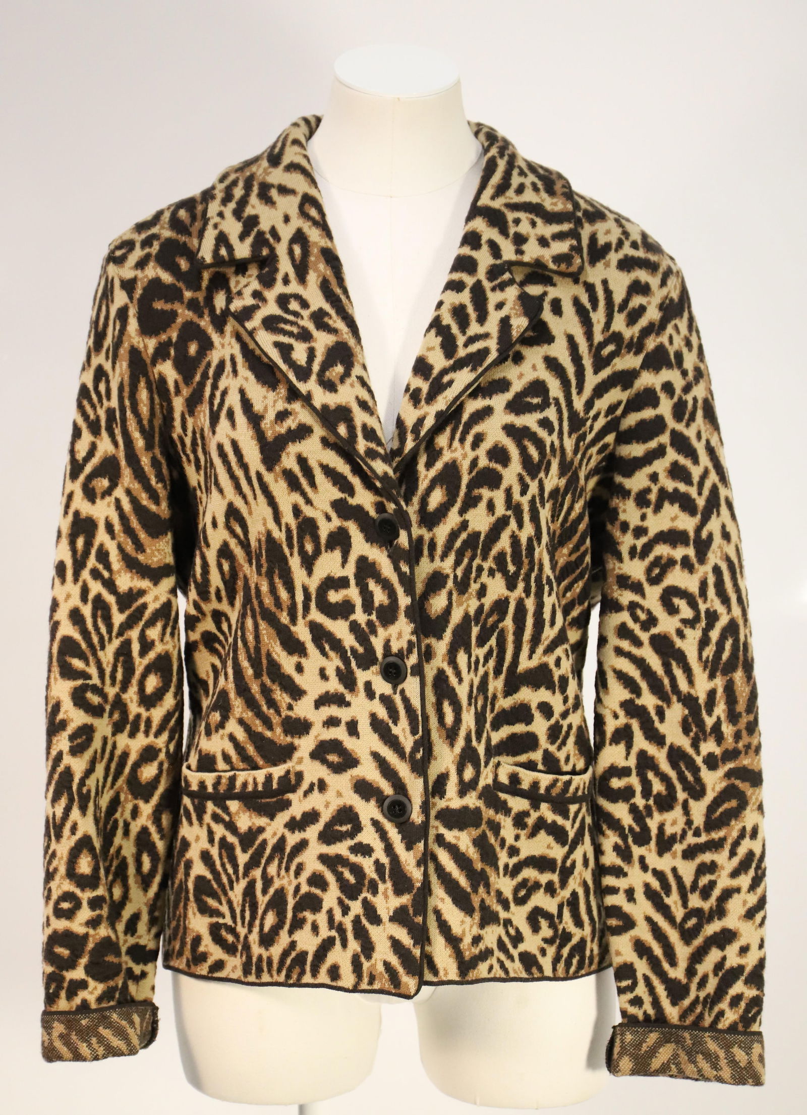 Escada, Animal Print Jacket: Ladies animal print, three button jacket / cardigan; Dark brown areas are raised, creating texture; Fabric tag is illegible; Size 40; Preowned, no damage observed. See photos (Please note, this item h