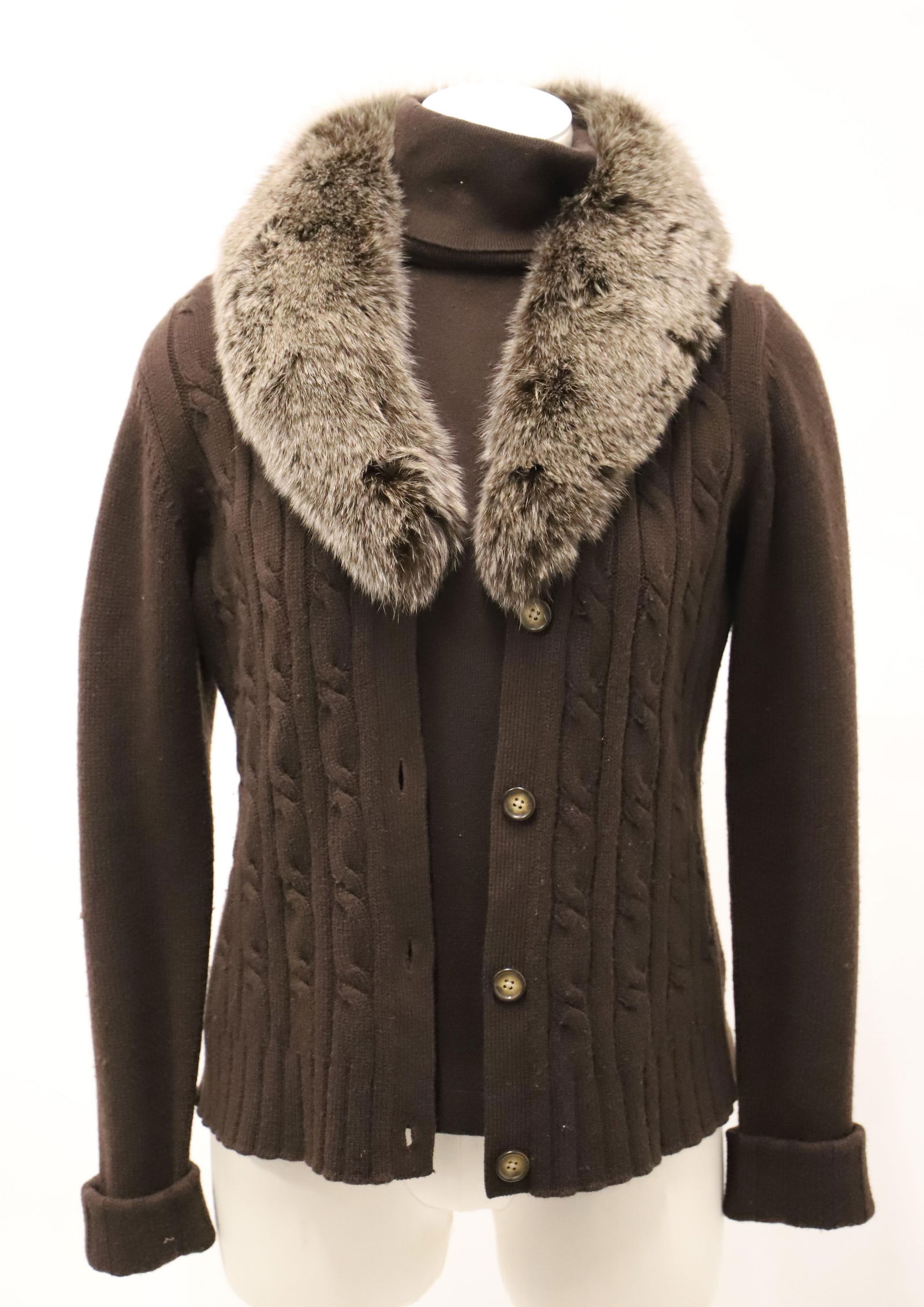 Todd & Duncan, Sweater Set: Sleeveless turtleneck, matching color button front cardigan with detachable fox trim, 100% cashmere; Size Large; Only the cardigan has a label; No damage observed. See photos