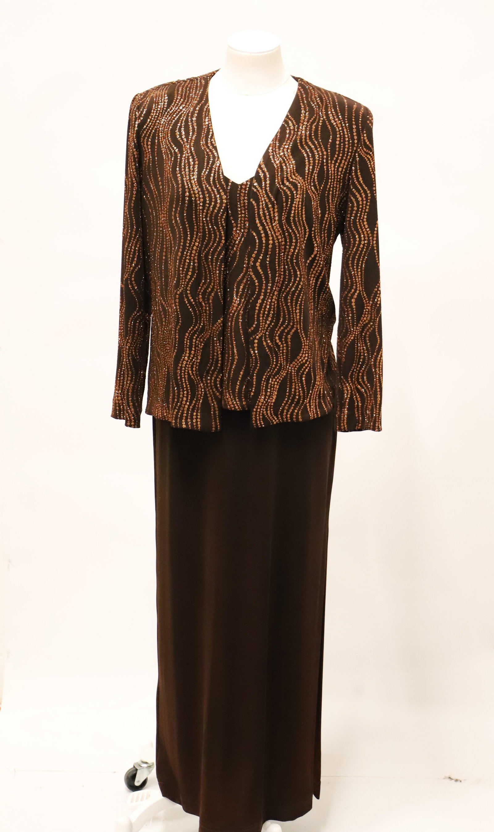 Lillie Rubin, Cocktail Dress: Floor length dress with matching jacket; 24 inch slit up left side of skirt; Made from a stretch fabric, fabric tag not found; Size 12; Preowned, no damage observed. See photos