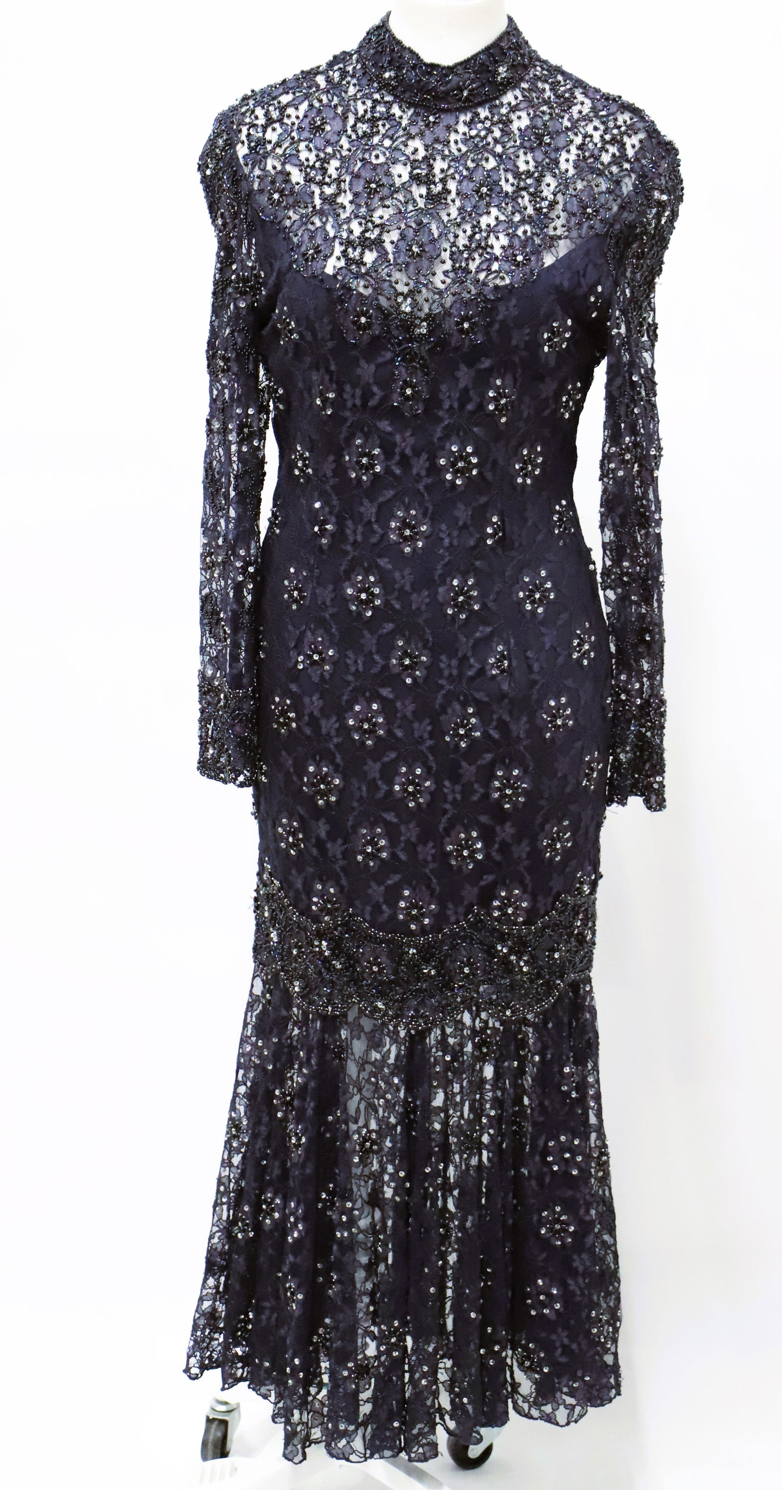Lillie Rubin, Beaded Cocktail Dress: Floor length, one piece dress; 100% rayon, beaded lace; Zipper on back; Size Medium; Preowned, no damage observed. See photos