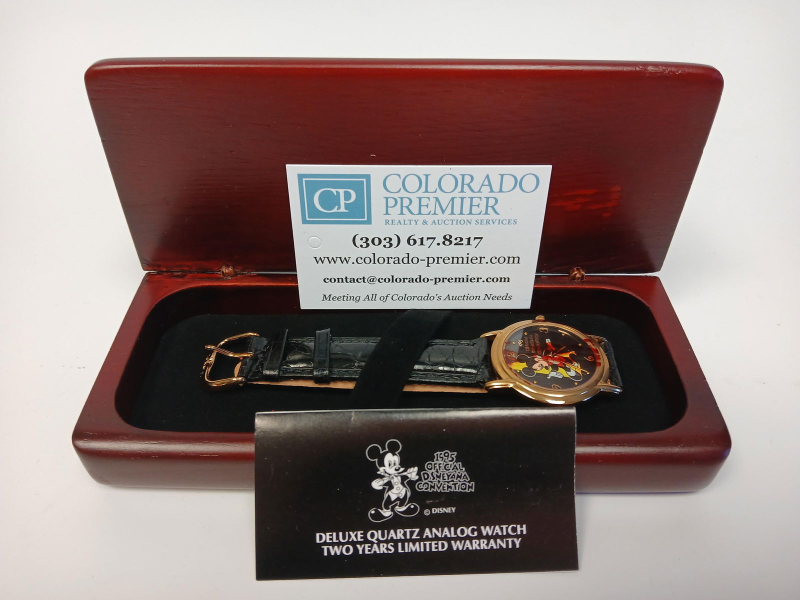 1995 Official Disneyana Convention, Watch: One new in-box battery operated watch in original wood box featuring Mickey Mouse; Watch was made for the 1995 Disneyana Convention; Back is numbered 1626/3000; No damage observed. See photos