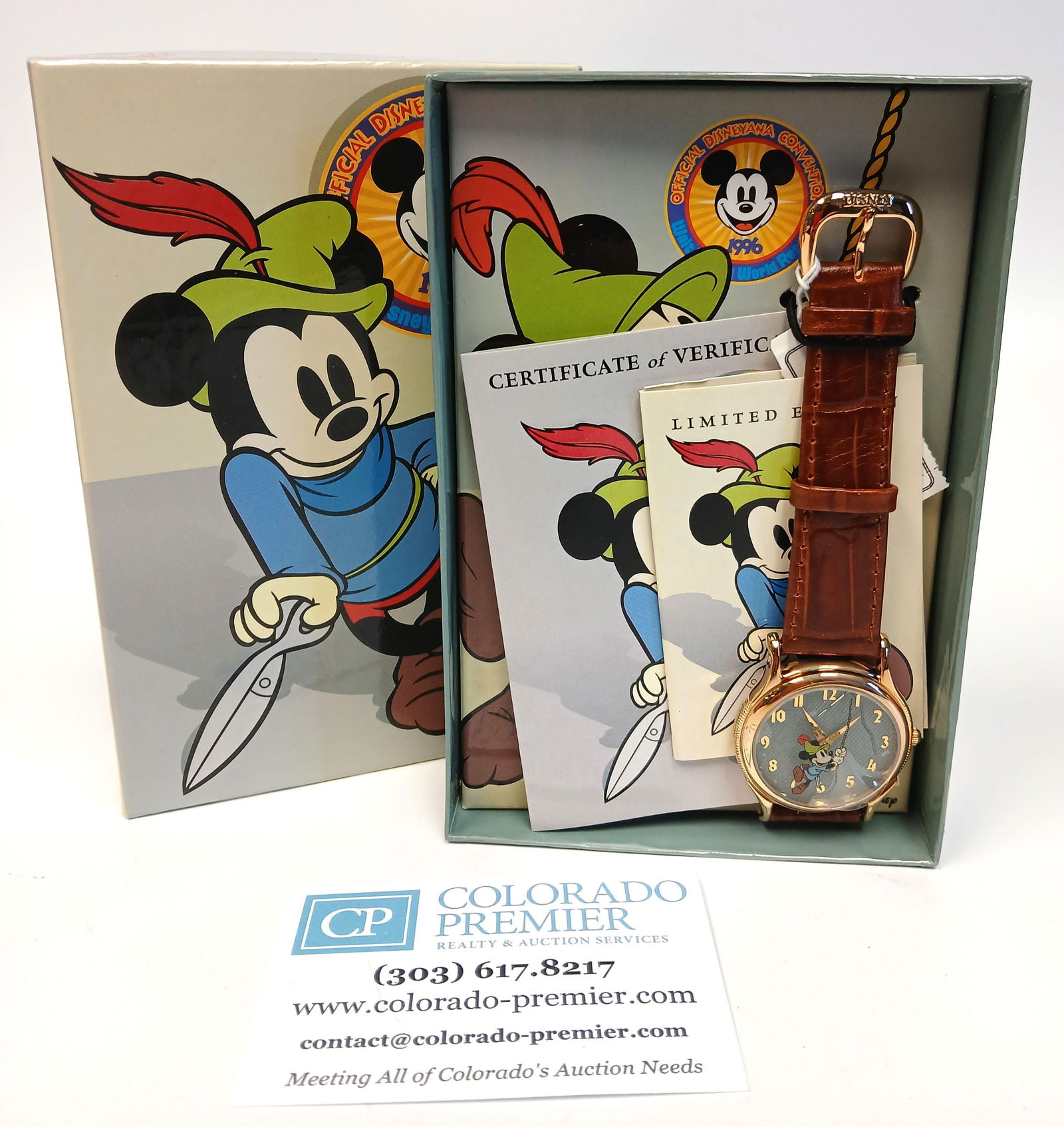 1996 Official Disneyana Convention, Limited Edition Watch: One limited edition new-in-box watch; Watch was made for the 1996 Disneyana Convention in a limited run of 1800; Features Mickey Mouse as seen in the movie "Brave Little Tailor"; Watch is new in origi