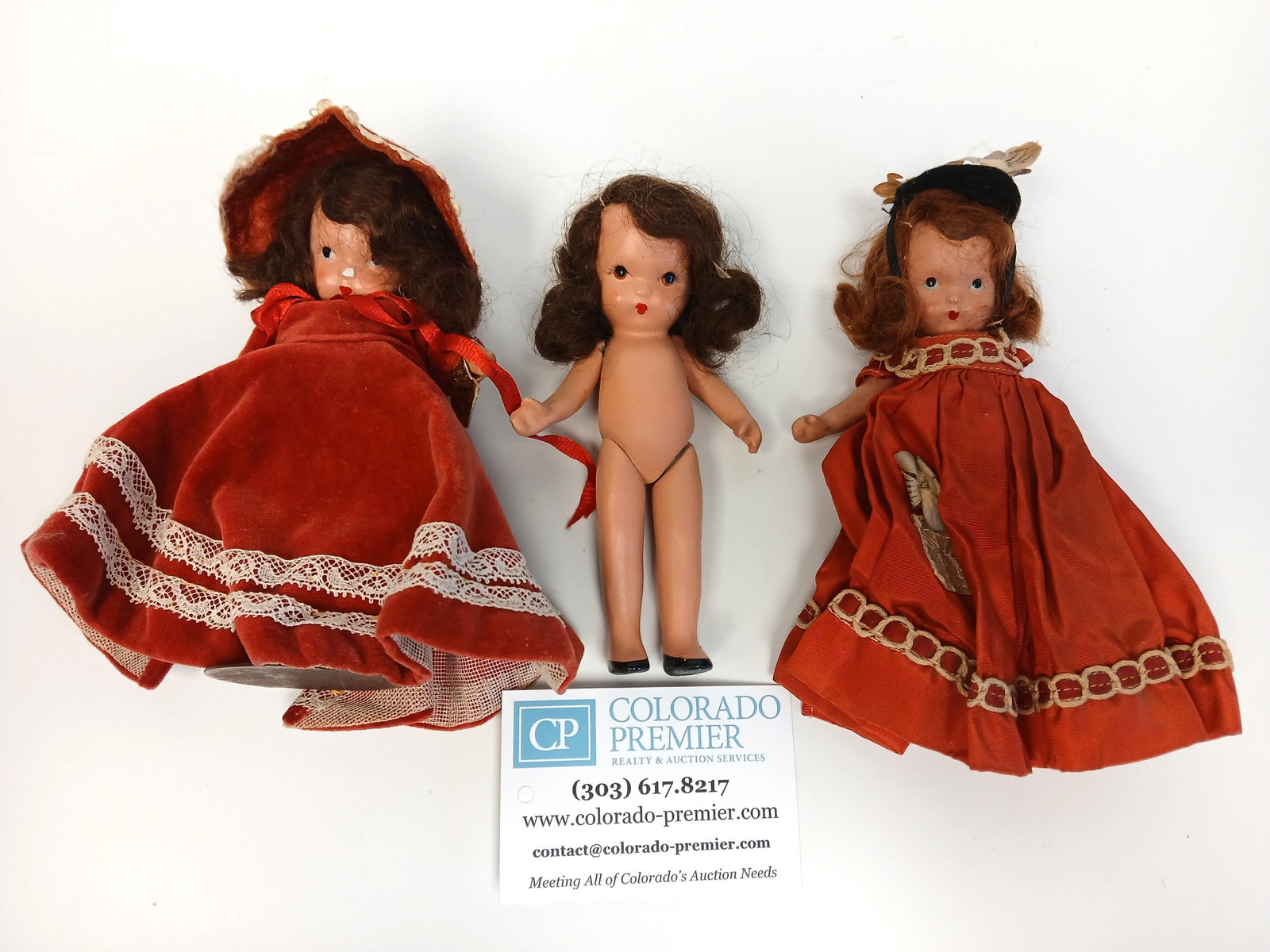 Nancy Ann Storybook Dolls: Three Nancy Ann Storybook vintage dolls; Dolls are all bisque with pudgy jointed bodies; Dolls measure approximately 5 inches in height; One doll has a chipped nose; Some minor chipping and scratches 
