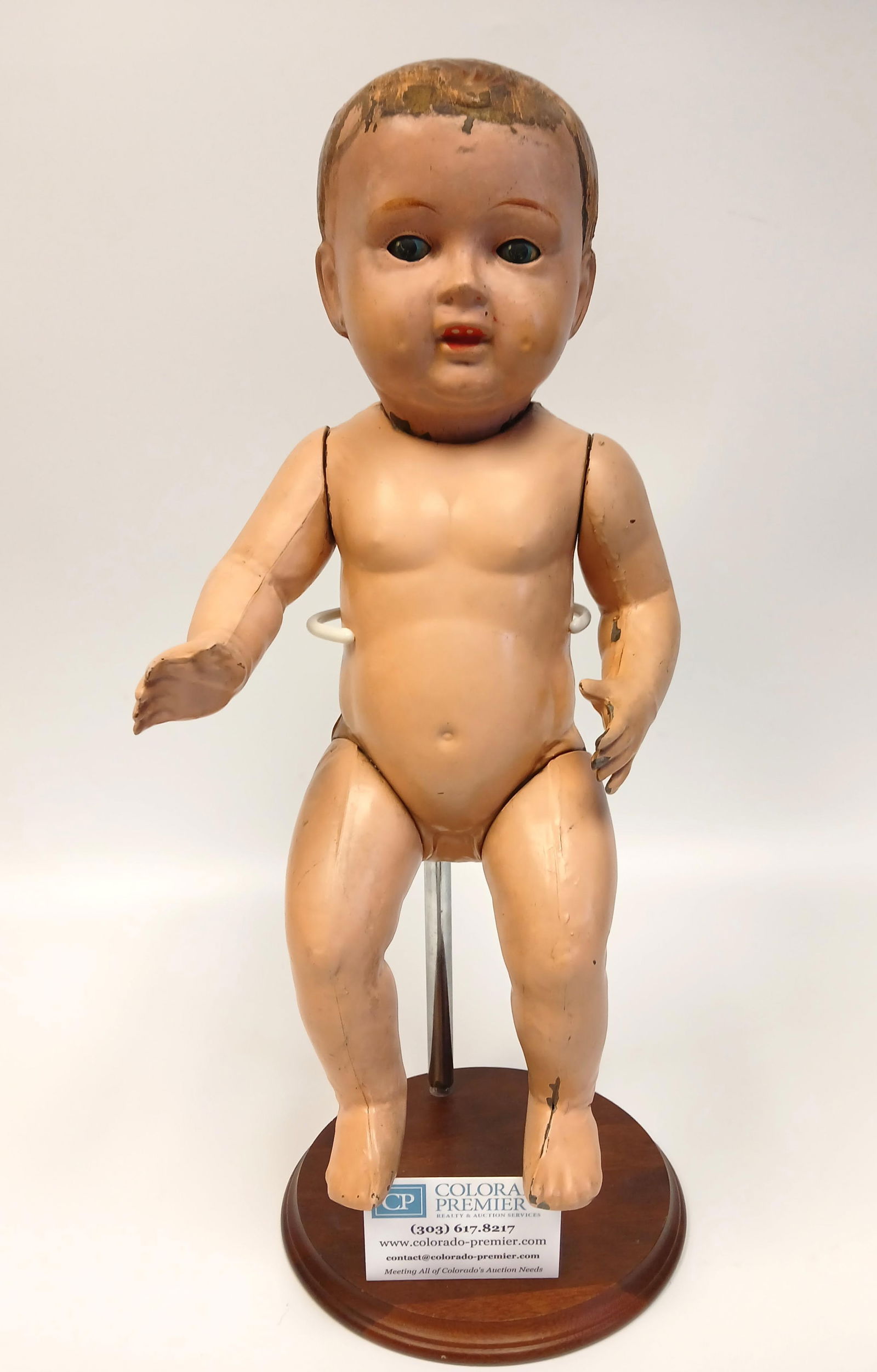 Rare Antique German Tin Baby Doll: One all tin German antique baby doll with open-close sleep eyes; Tin is painted; No maker mark observed; Rare half-open mouth with teeth; Measures approximately 15 inches in height; Paint is chipping