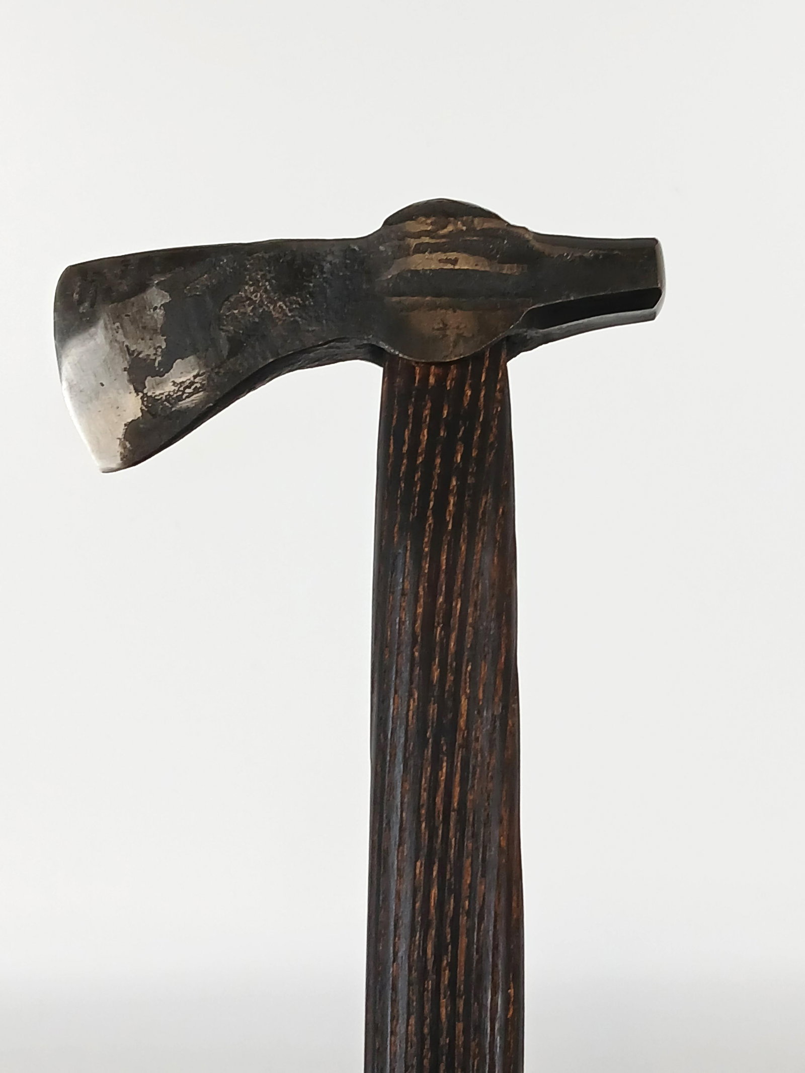 Self Defence Cane: Vintage metal axe handle cane, stained pine wood shaft, bone ferrule; No maker marks observed; Measures approximately H 34 1/2 inches; Wear commensurate with age. See photos