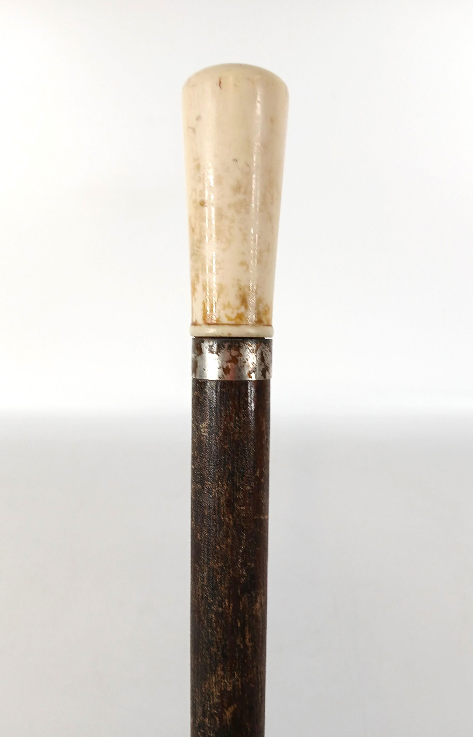 Horn Handle, Cane: Victorian era cane (c) 1860-1900; Bone handle, silver color metal collar, wood shaft, brass ferrule; No maker marks observed; Measures approximately H 36 1/2 inches; Stains on handle, wear on wood and