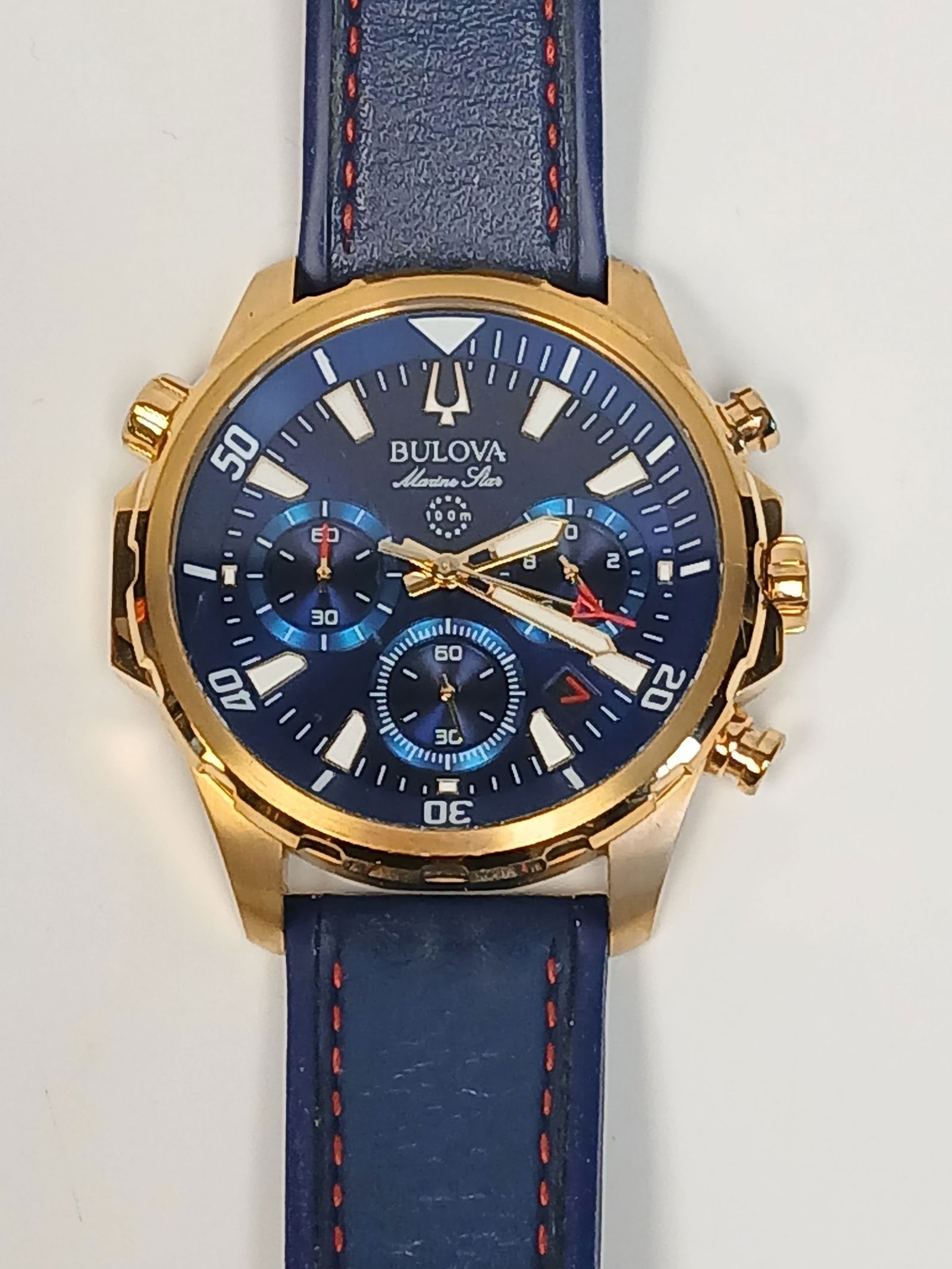 Bulova, Marine Star Men's Watch: One Bulova Marine Star blue dial men's watch with silicone strap; Features chronograph function, date window, water resistance to 100 meters; Back of watch reads "97B168"; Case measures approximately