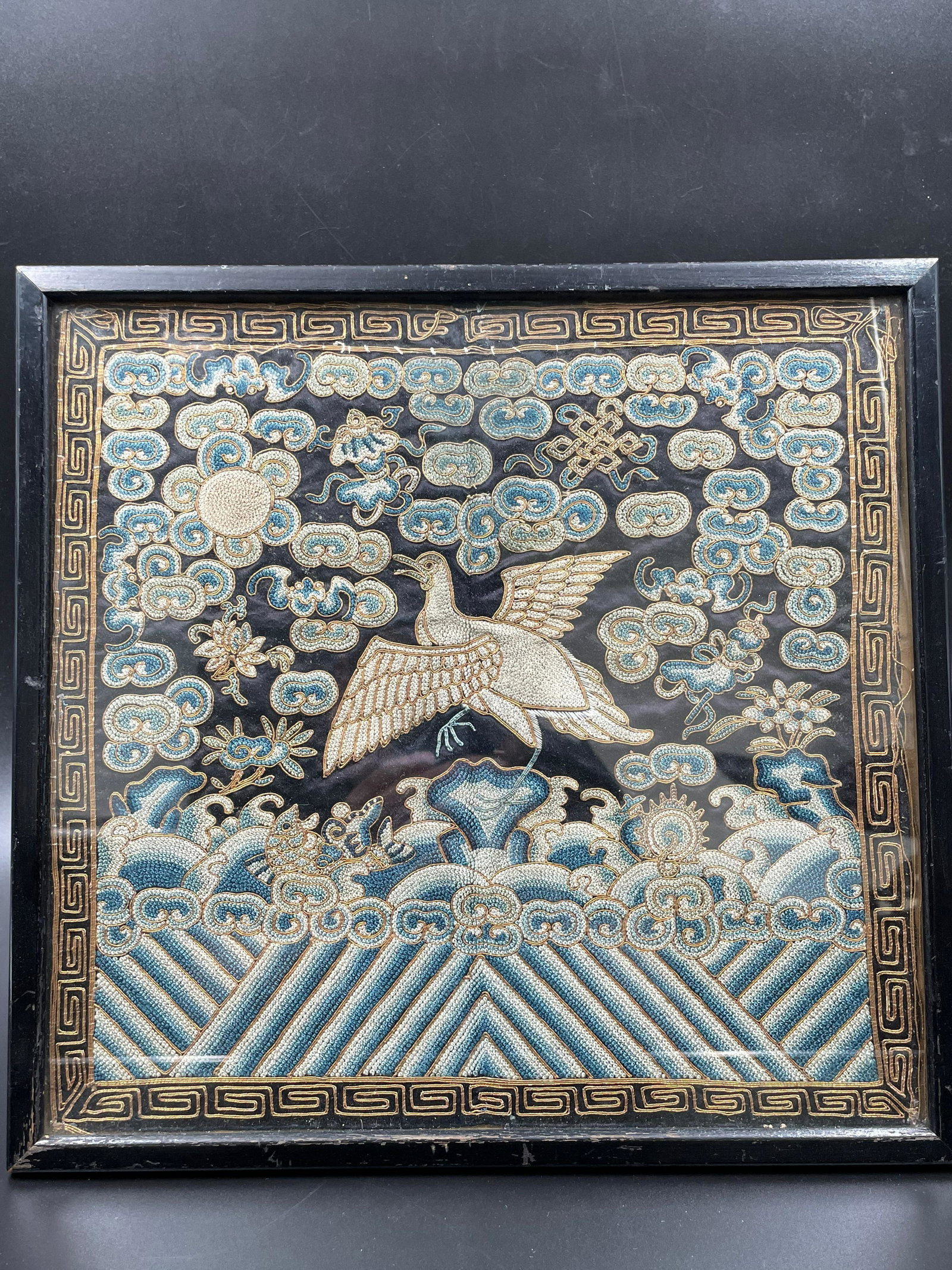 Chinese Rank Badge: "Forbidden Stitch" Thredwork Embroidered "Wild Goose" Civil Official Rank Badge, 19th Centry.Dimension: Approximately L 12in(31cm) X W 12in(31cm) without frame Approximately L 13in(33cm) X W 13in(33cm
