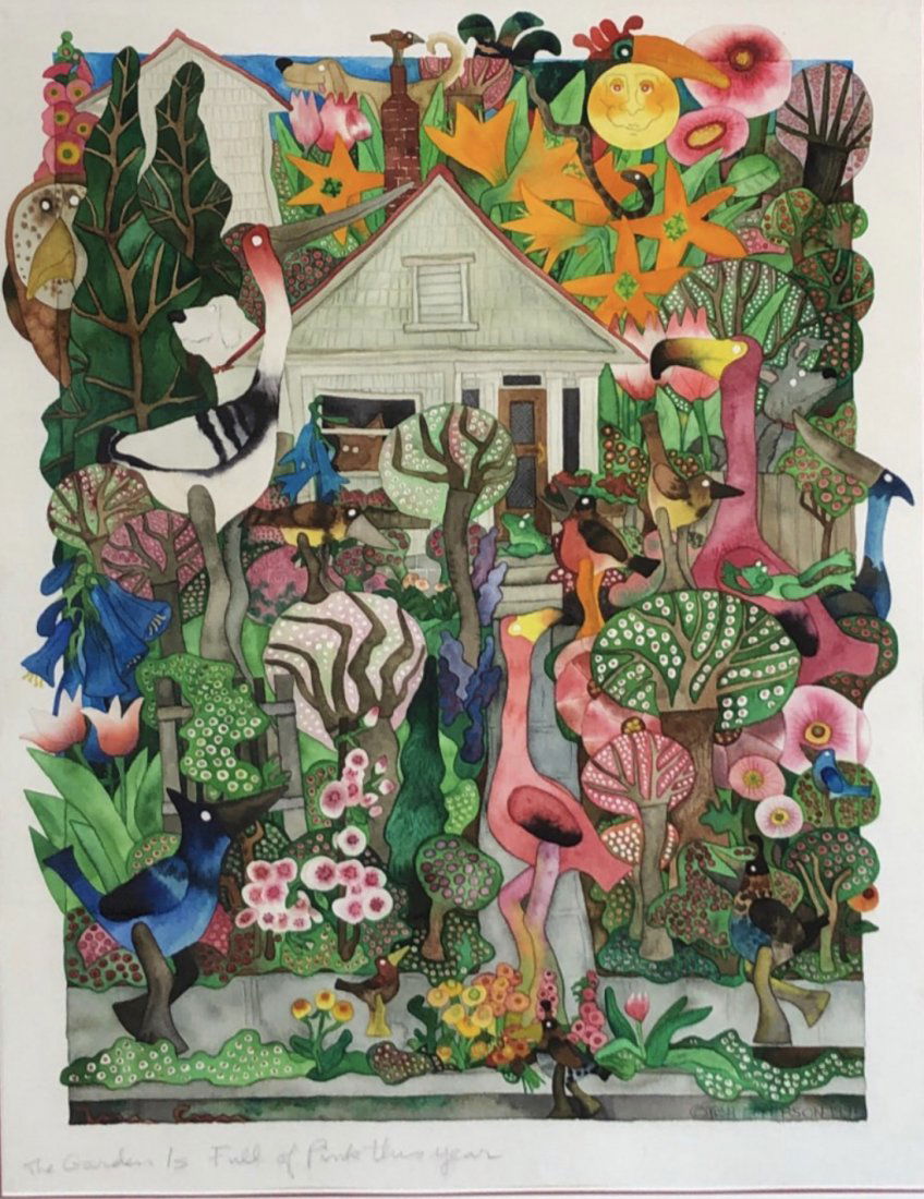 Tish Epperson "The Garden Is Full Of Pink This Year": Tish Epperson "The Garden Is Full Of Pink This Year" Original Watercolor on Paper Signed on Paper Dimensions: 30 H x 22 W in. Framed Dimensions: 41 H x 33 W