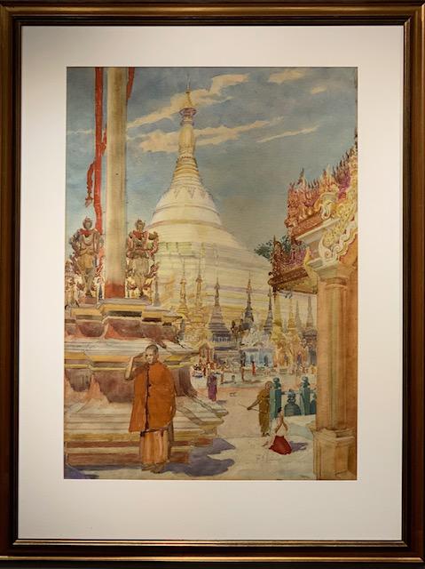 Watercolor Signed Yangon, Myanmar Burma Landmark Pagoda (1 of 4)