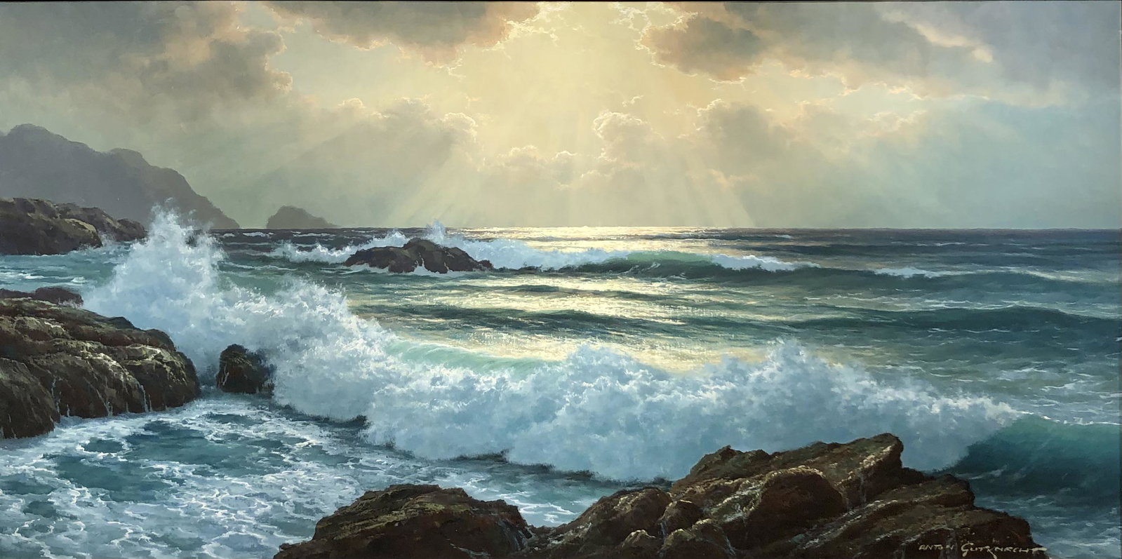 Anton Gutknecht "Golden Sunrays" Signed Original: Artist: Anton Gutknecht Title: Golden Sunrays Medium: Oil on Canvas with Original Frame Art Dimensions: 24 H x 48 W inches Framed Dimensions: 36 H x 60 W inches ARTIST B