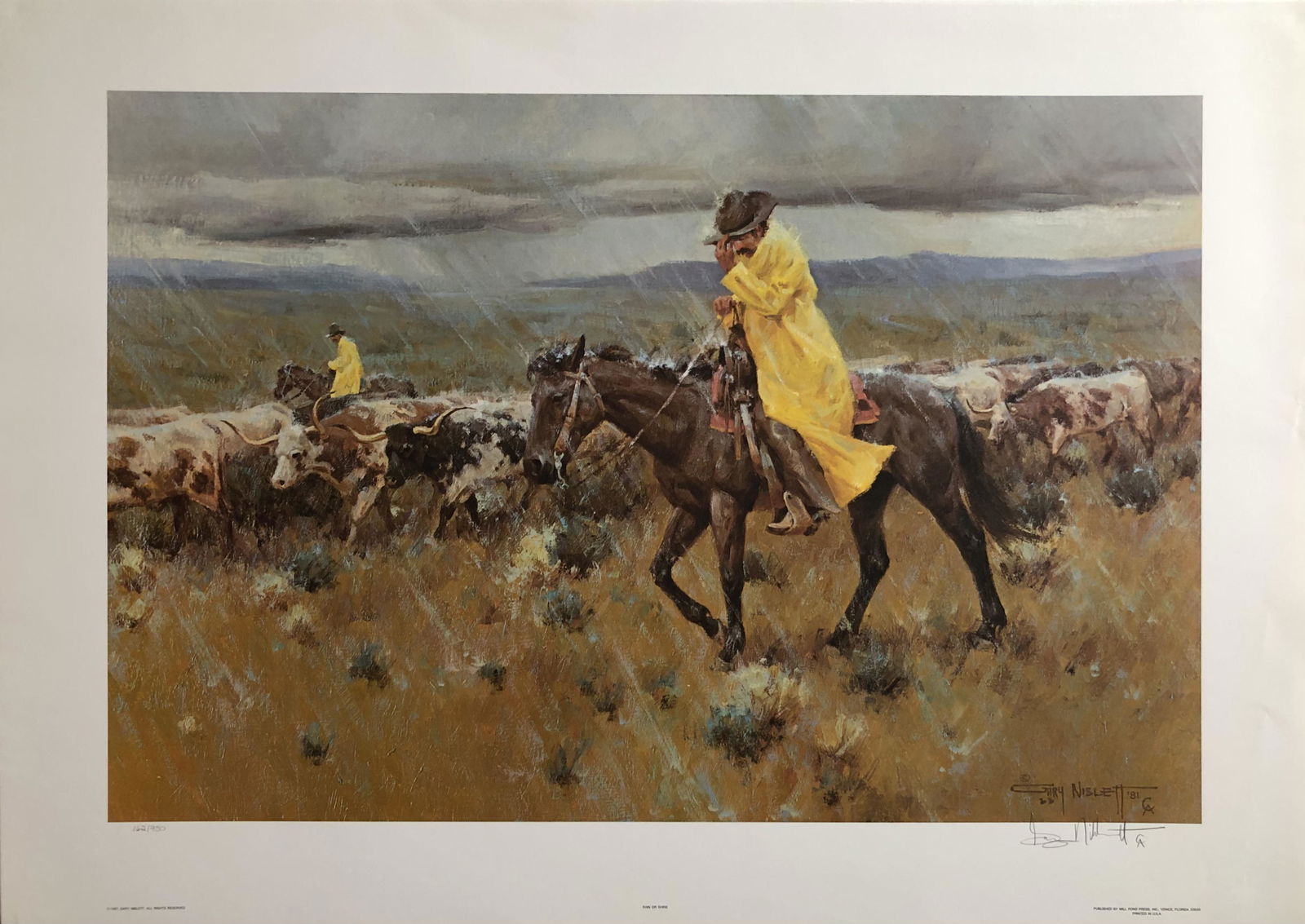 Gary Niblett "Rain or Shine" Signed Lithograph LE: Artist: Gary Niblett Title: Rain or Shine Medium: Lithograph on Paper Limited Edition: 162/950 Art Dimensions: 23 H x 32 W inches ARTIST BIO: Born and raised