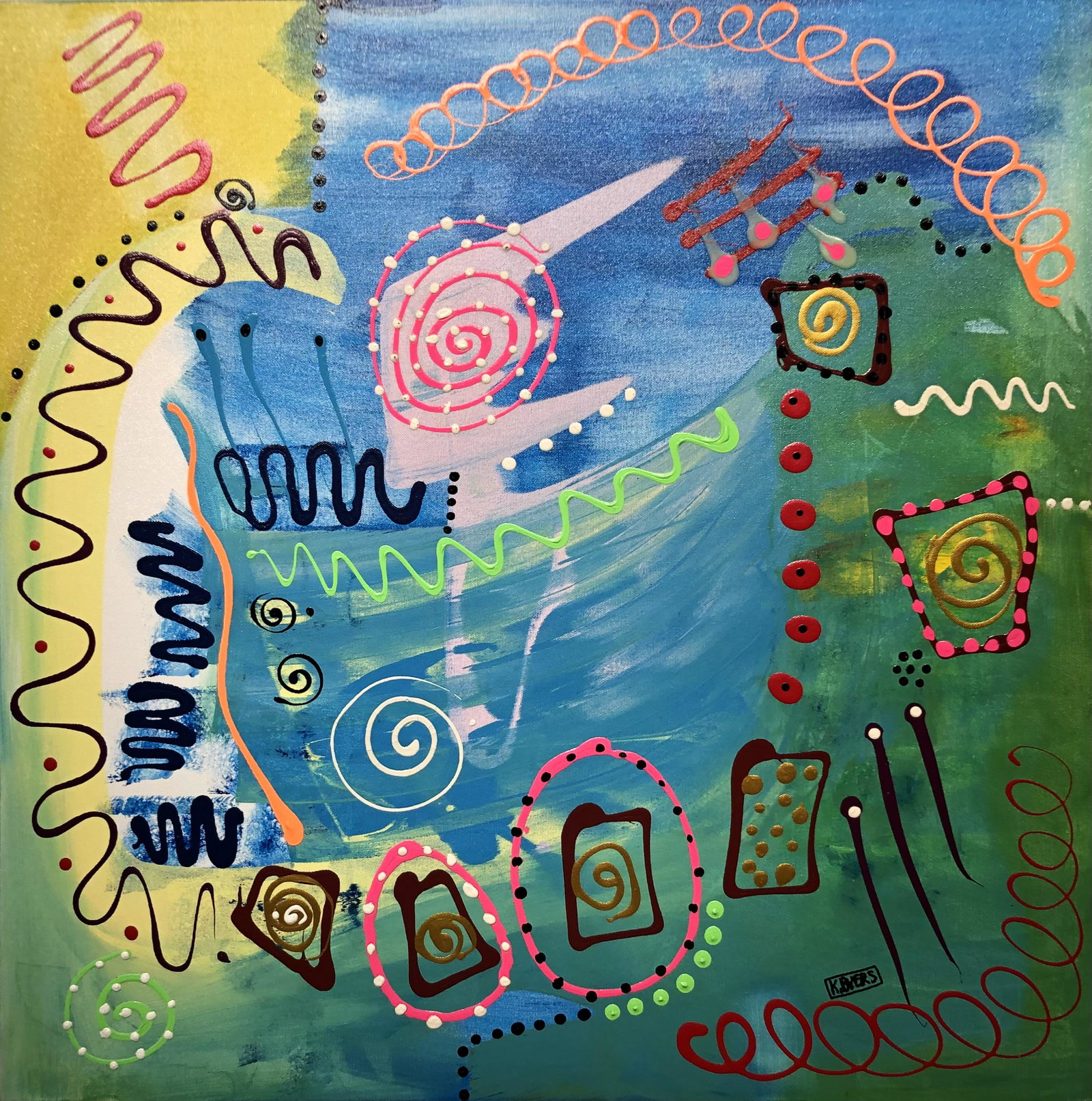 Kimm Byers "Riding New Roller Skates" Signed Original: Artist: Kimm Byers Title: Riding New Roller Skates Medium: Acrylic on Canvas Art Dimensions: 36 H x 36 W inches