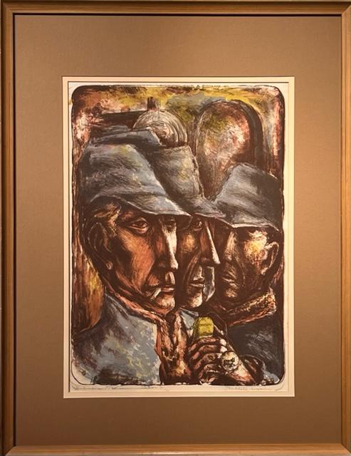 Mitchell Siporin "Railroaders" Signed Litho Circa 1940: Artist: Mitchell Siporin Title: Railroaders Medium: Lithograph on Paper Art Dimensions: 23 H x 16 W inches Framed Dimensions: 33 H x 26 W inches
