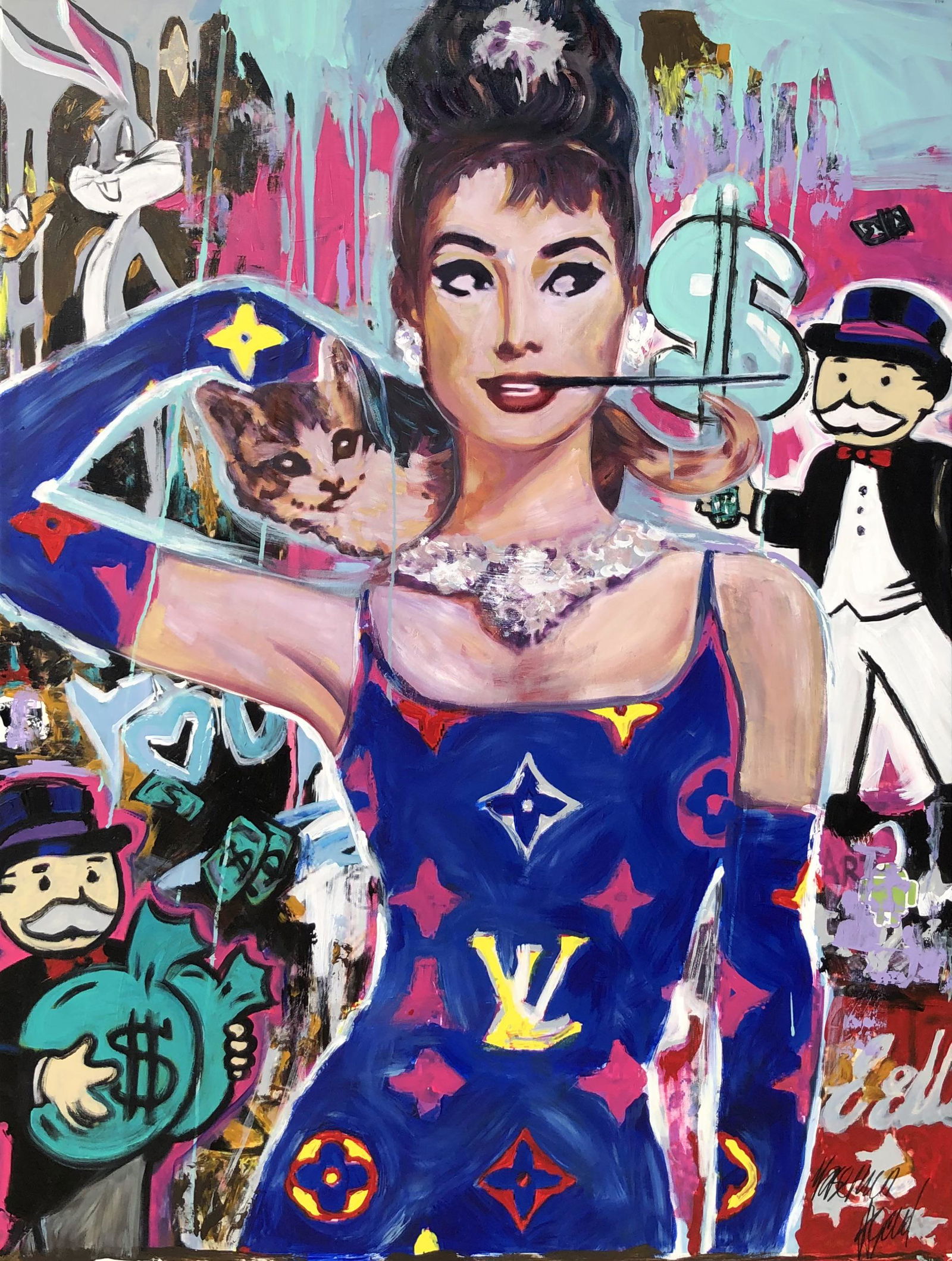 Yasemen Asad "Audrey In a Blue Dress" Signed Mix Media (1 of 3)