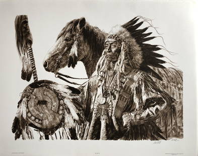 Paul Calle "Chief High Pipe" Signed Litho LE: Artist: Paul Calle Title: Chief High Pipe Medium: Lithograph on Paper Limited Edition: 425/950 Art Dimensions: 23 H x 29 W inches ARTIST BIO: Whether the wild Western plains of days gone by