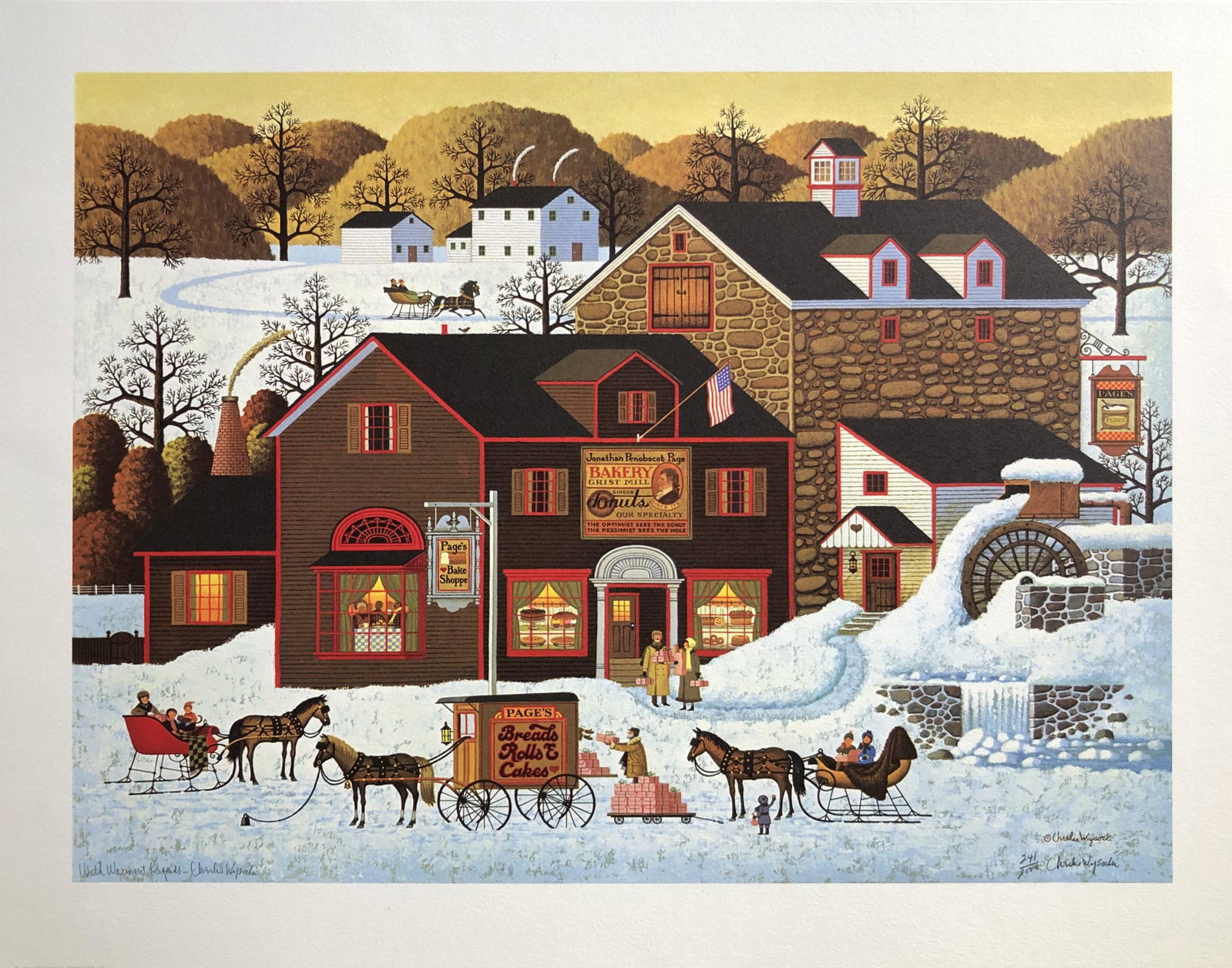 Charles Wysocki "Pages Bake Shop" Signed Litho LE: Artist: Charles Wysocki Title: Pages Bake Shop Medium: Lithograph on Paper Limited Edition: 241/1000 Art Dimensions: 20 H x 25.5 W inches ARTIST BIO: Charles