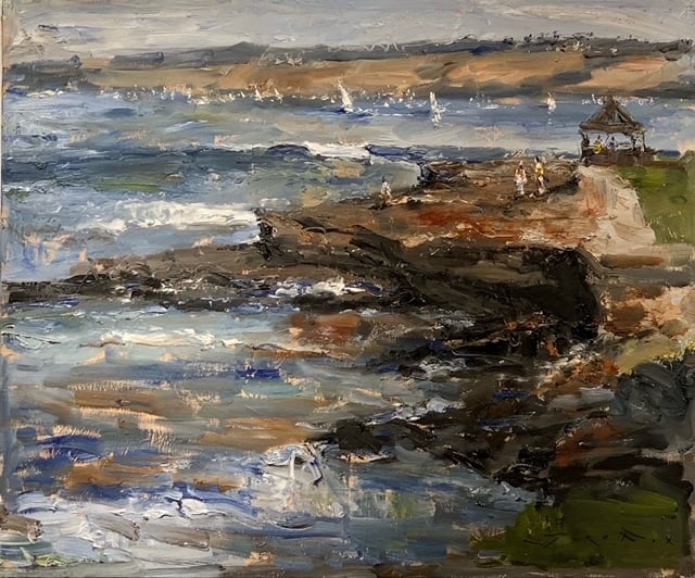 Jorn Fox Impressionist Oil and Acrylic on Canvas Signed: Artist: Jorn Fox Title: (California Coast) Medium: Original Oil and Acrylic on Canvas Art Dimensions: 20 H x 24 W inches ARTIST BIO: Artist Statement "The feelings I ha