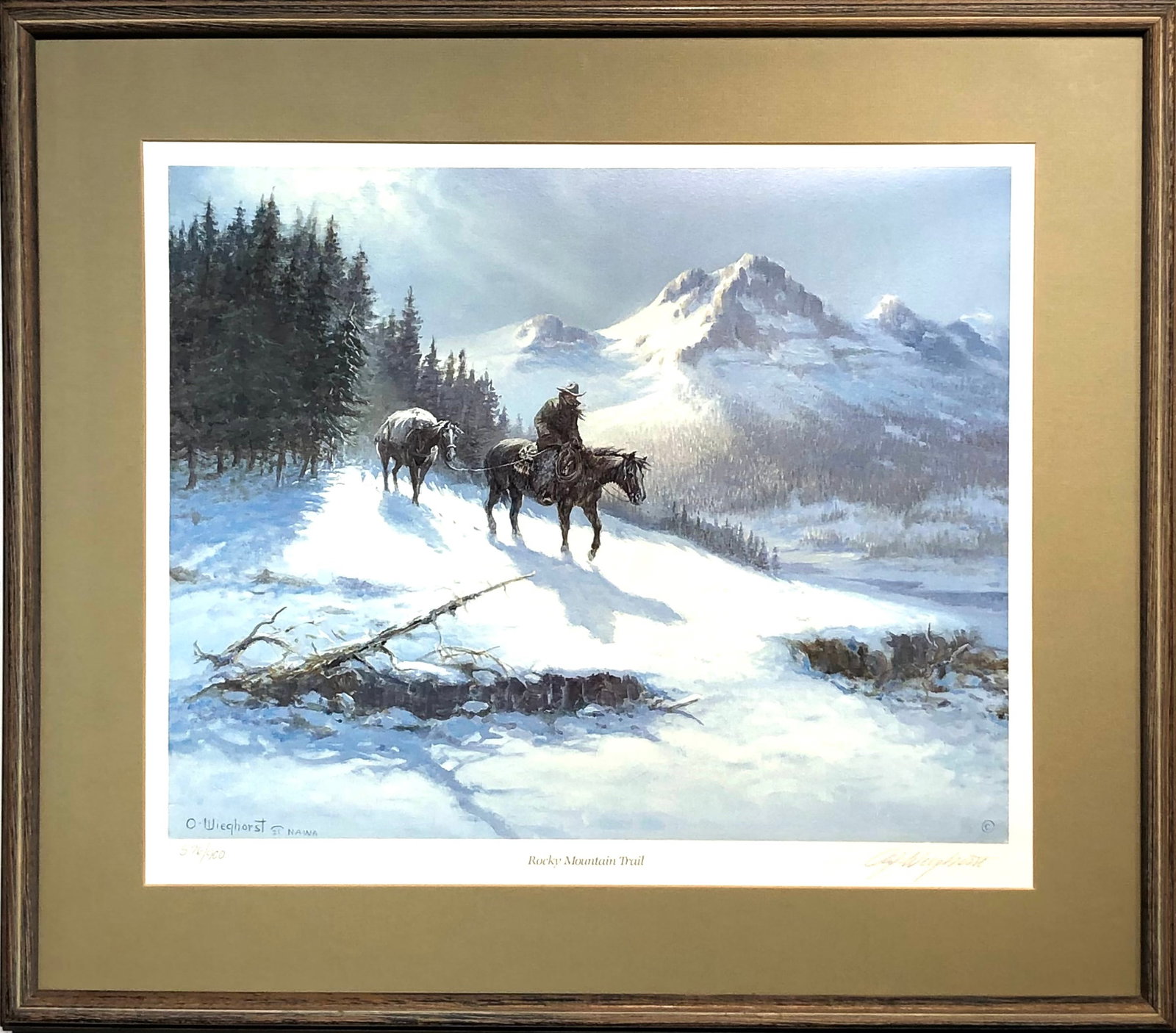 Olaf Weighorst "Rocky Mountain Trail" Signed Lithograph LE w/COA: Artist: Olaf Weighorst Title: Rocky Mountain Trail Medium: Lithograph on Paper Limited Edition: 576/900 Art Dimensions: 16 H x 20 W inches Framed Dimensions: 25 H x 29 W