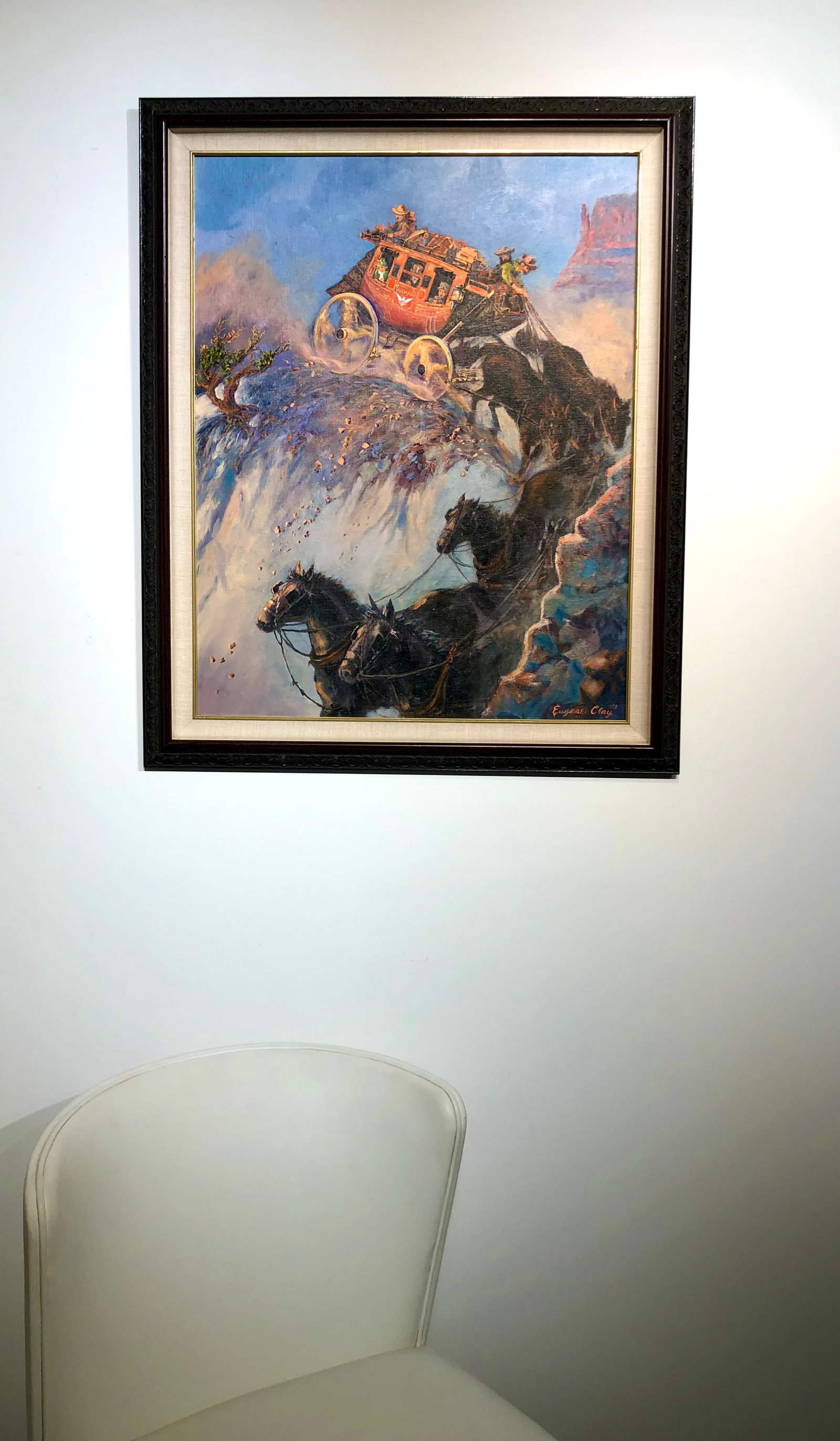 Eugene Clay "Overland Mail and Stage Company US Mail" Signed Original Oil: Artist: Eugene Clay Title: Overland Mail and Stage Company US Mail Medium: Oil on Canvas Art Dimensions: 28 H x 22 W inches Framed Dimensions: 33 H x 27 W inches ARTIST