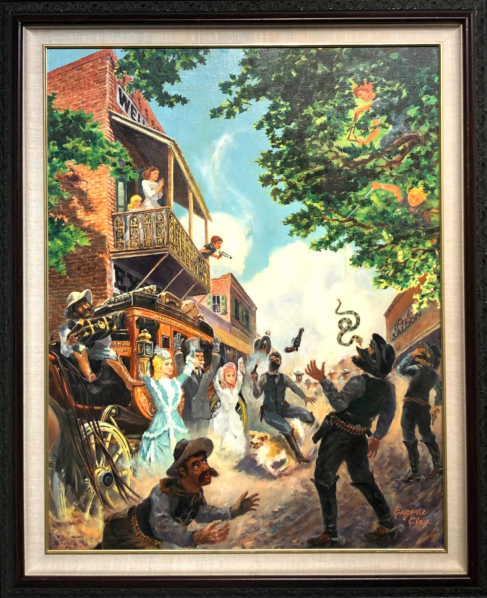 Eugene Clay "Express Stage Holdup At Columbia, California - 1865" Signed Original Oil: Artist: Eugene Clay Title: Express Stage Holdup At Columbia, California - 1865 Medium: Oil on Canvas Art Dimensions: 28 H x 22 W inches Framed Dimensions: 33 H x 27 W inches