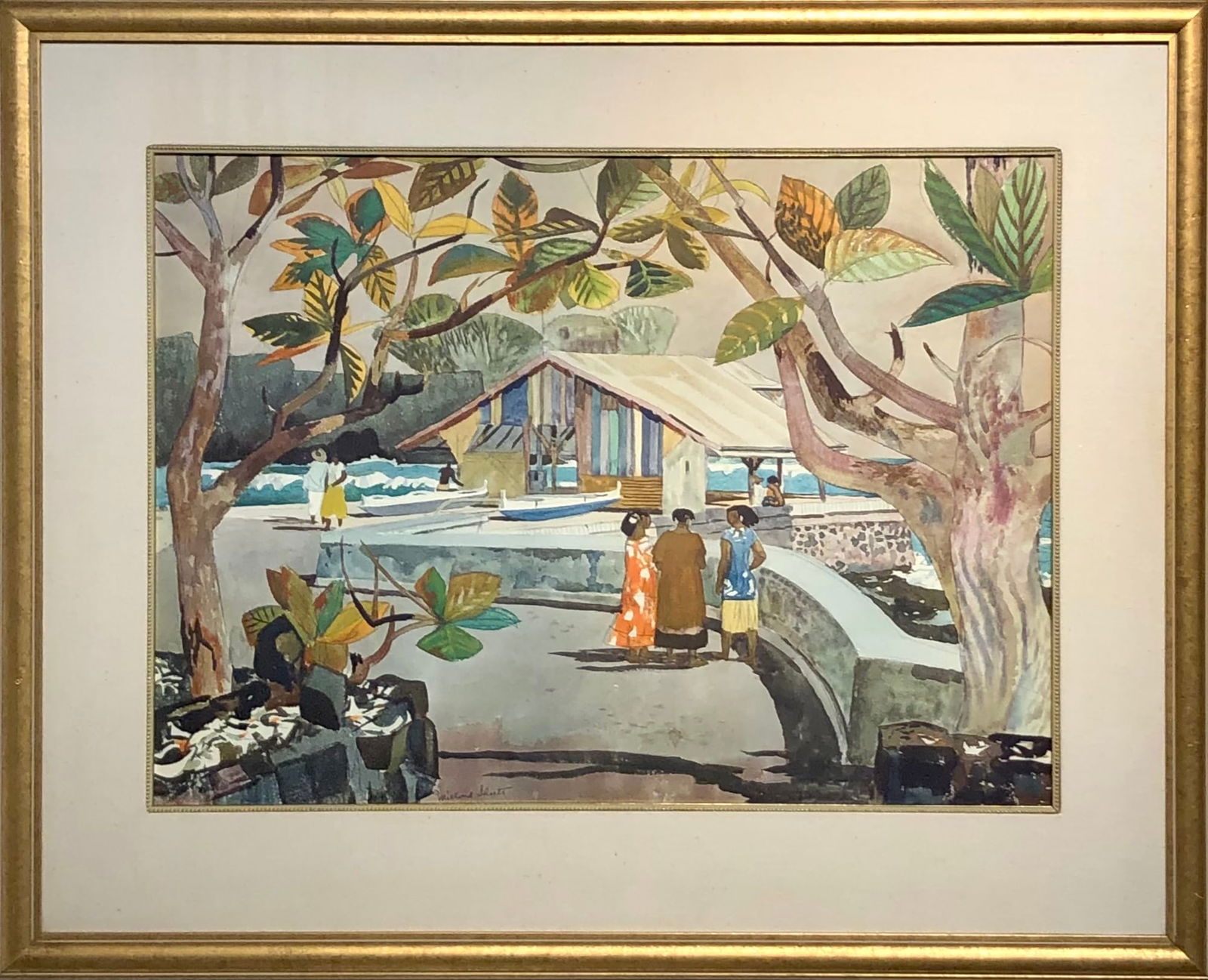 Millard Sheets (Untitled - Island Landscape) Signed Original Watercolor: Artist: Millard Sheets Title: Untitled (Island Landscape) Medium: Watercolor on Paper Art Dimensions: 22 H x 30 W inches Framed Dimensions: 32 H x 40 W inches ARTIST BIO