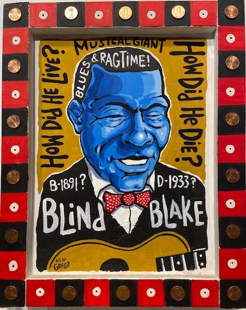 Folk Art - Grego Anderson "Blind Blake" Signed Orig Acrylic: Artist: Grego Anderson Title: Blind Blake Medium: Original Acrylic on Wood Art Dimensions: 14 H x 11 W inches Framed Dimensions: 17 H x 14 W inches ARTIST BIO: <