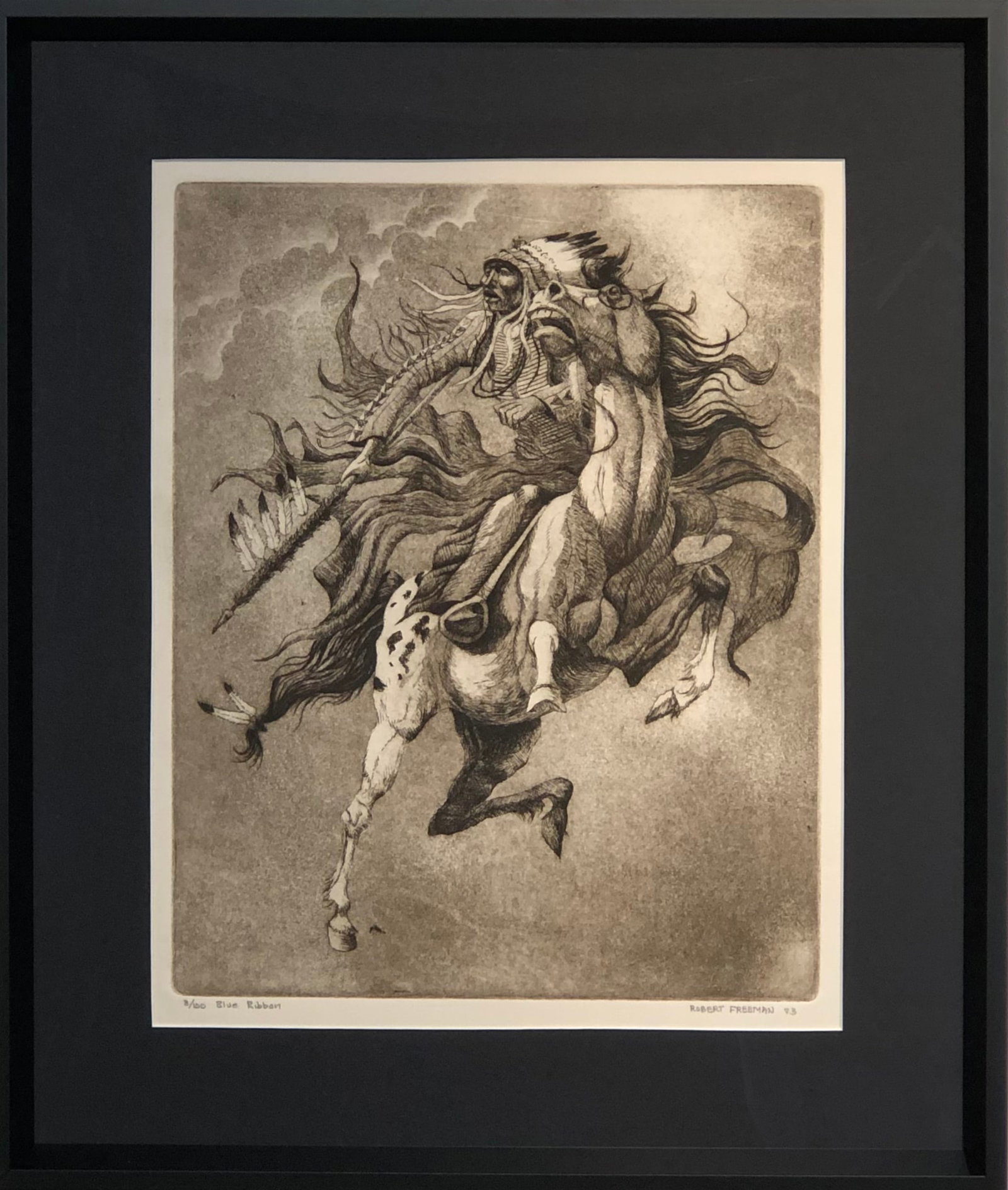 Robert Freeman "Blue Ribbon" (Native American 1983) Signed Ethcing LE: Artist: Robert Freeman Title: Blue Ribbon (Native American 1983) Medium: Etching on Paper (Embossed) Limited Edition: 8/100 Art Dimensions: 14 H x 11 W inches Framed Dimensi