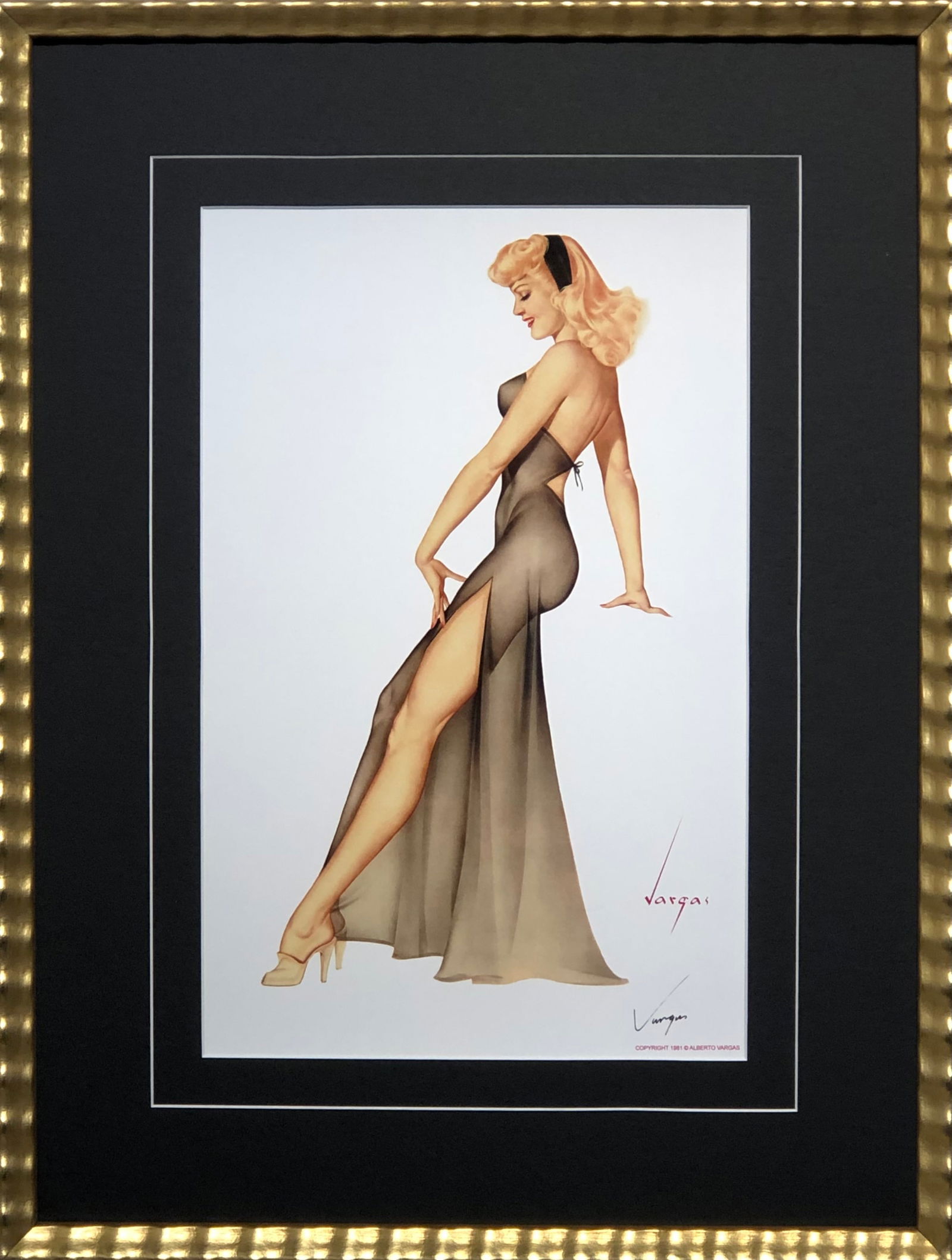 Alberto Vargas "Esquire Calendar Girl" Hand-Signed Lithograph (1981): Artist: Alberto Vargas Title: Esquire Calendar Girl Medium: Lithograph on Paper Art Dimensions: 17 H x 11 W inches Framed Dimensions: 25 H x 19 W inches ARTIST BIO: