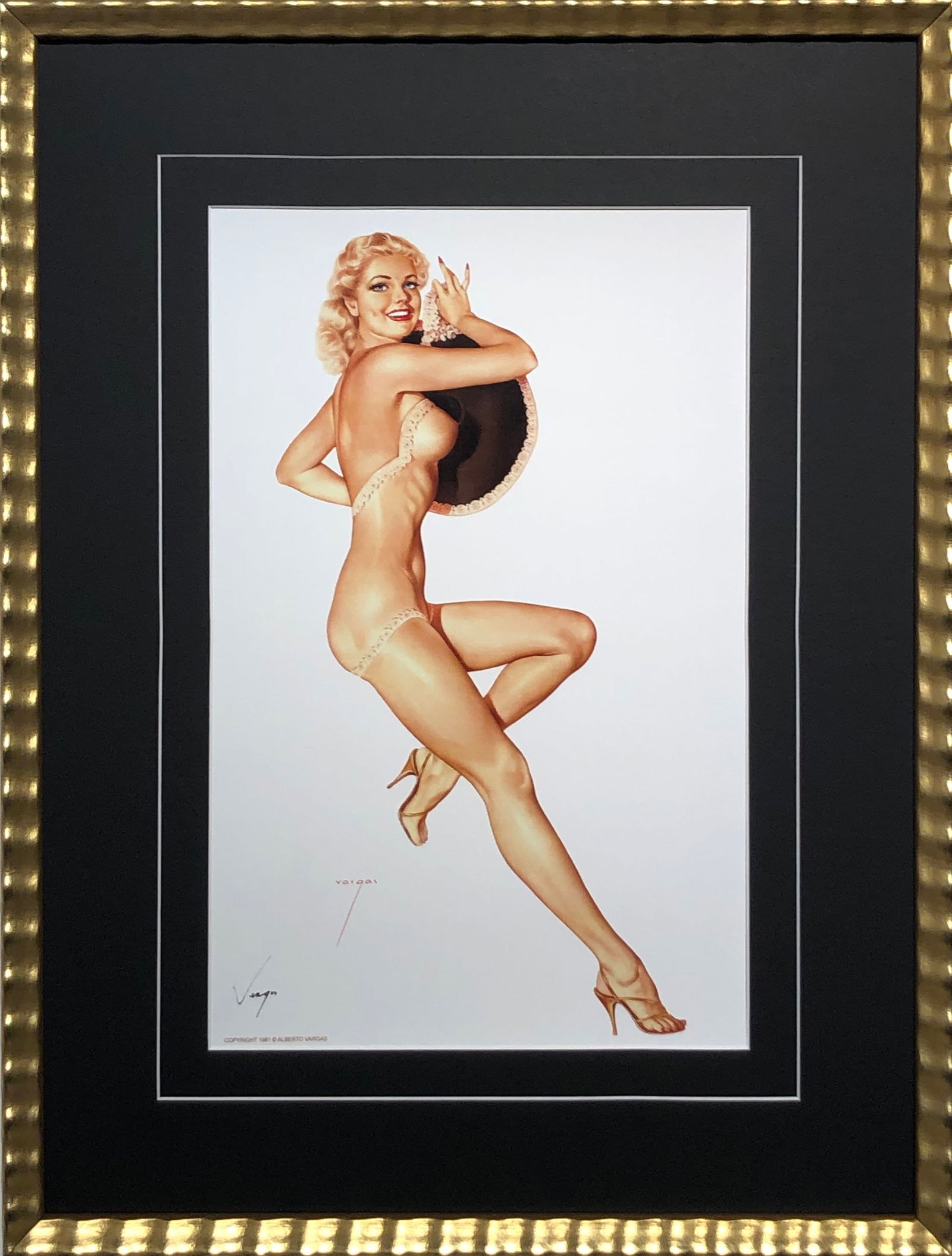 Alberto Vargas "Pin-Up with a Hat" Hand-Signed Lithograph (1981): Artist: Alberto Vargas Title: Pin-Up with a Hat Medium: Lithograph on Paper Art Dimensions: 17 H x 11 W inches Framed Dimensions: 25 H x 19 W inches ARTIST BIO: