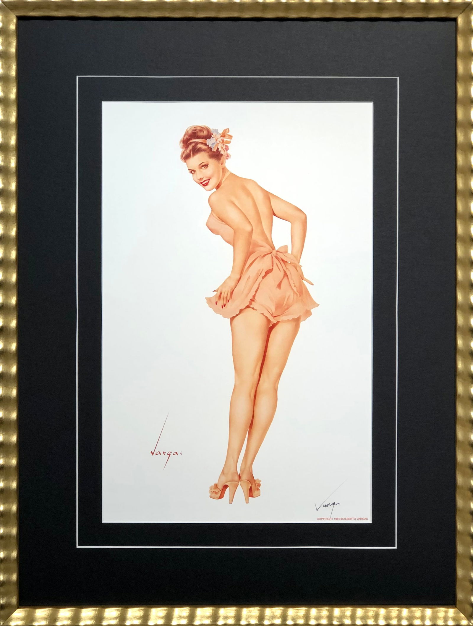 Alberto Vargas "My Boy Friend Often Tells Me / That Our Love is Indestructible..." Hand-Signed: Artist: Alberto Vargas Title: My Boy Friend Often Tells Me / That Our Love is Indestructible; although I'm his Biggest Asset / It's too Bad I'm Not Deductible Medium: Lithograph on Paper Art Dimension