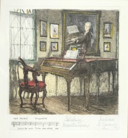 Herta Czoernig "Mozart's Study" Signed Aquatint Colored Etching