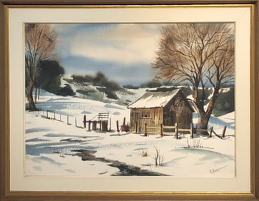 Ralph Baker (Impressionist - Cabin in the Snow) Signed Original Watercolor