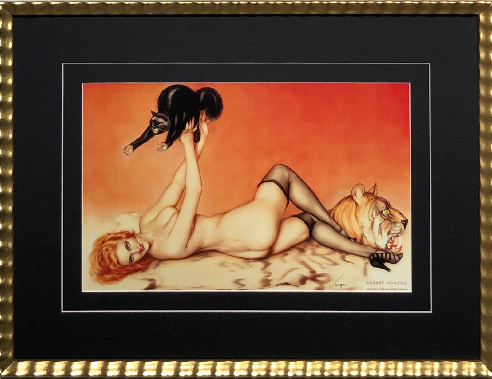 Alberto Vargas "Varga Girl (Redhead with Black Cat)" Hand-Signed Lithograph (1981): Artist: Alberto Vargas Title: Varga Girl (Redhead with Black Cat) Medium: Lithograph on Paper Art Dimensions: 17 H x 11 W inches Framed Dimensions: 25 H x 19 W inches AR