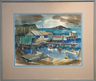 Jensen (Untitled - Fishing Village) Signed Original Watercolor 1952