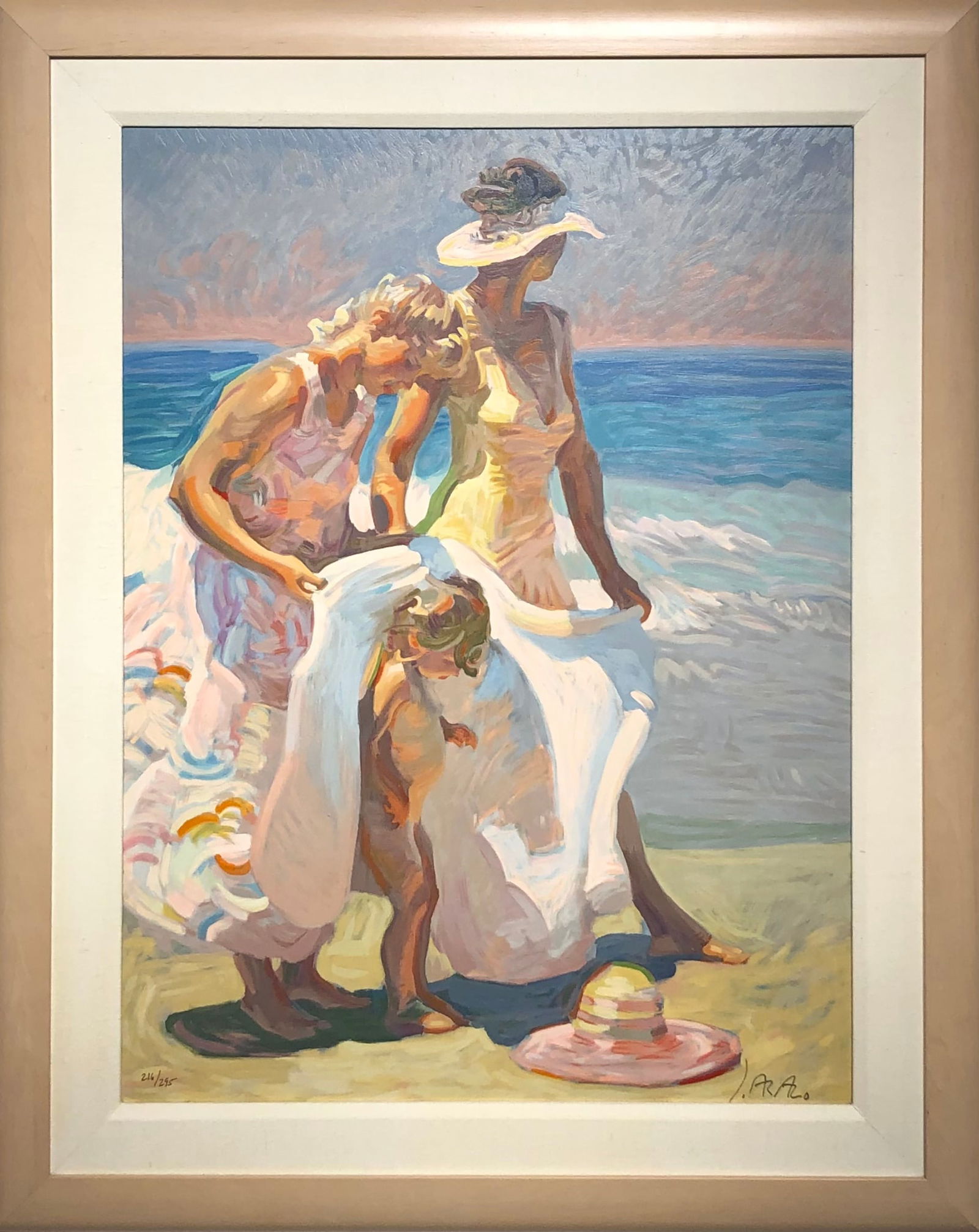 John Asaro "Shell Seekers" Signed Serigraph LE: Artist: John Asaro Title: Shell Seekers Medium: Serigraph On Board Limited Edition: 216/295 Art Dimensions: 32 H x 24 W x 2 D inches Framed Dimensions: 40 H x 32 W inche