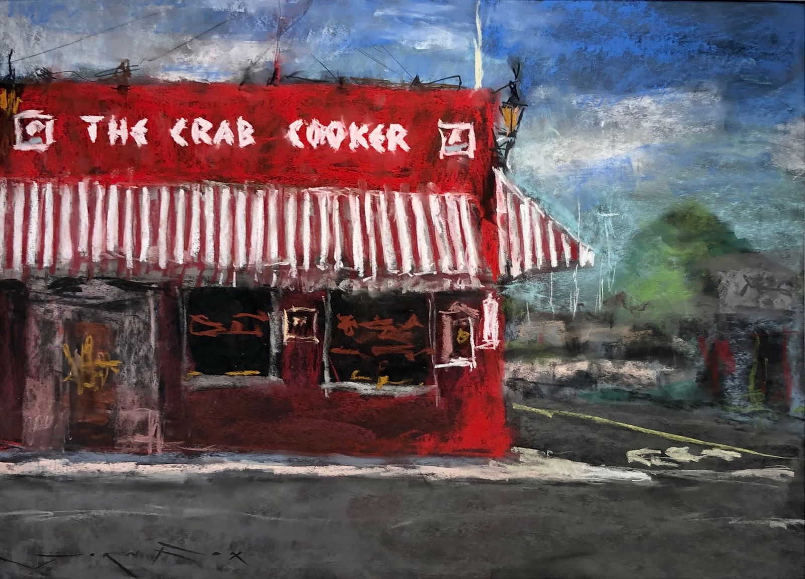 Jorn Fox Impressionist Signed Oil and Acrylic on Canvas: Artist: Jorn Fox Title: The Crabcooker Medium: Original Oil and Acrylic on Canvas Art Dimensions: 20 H x 28 W x 2 D inches Framed Dimensions: 26 H W x 34 inches ARTIST B