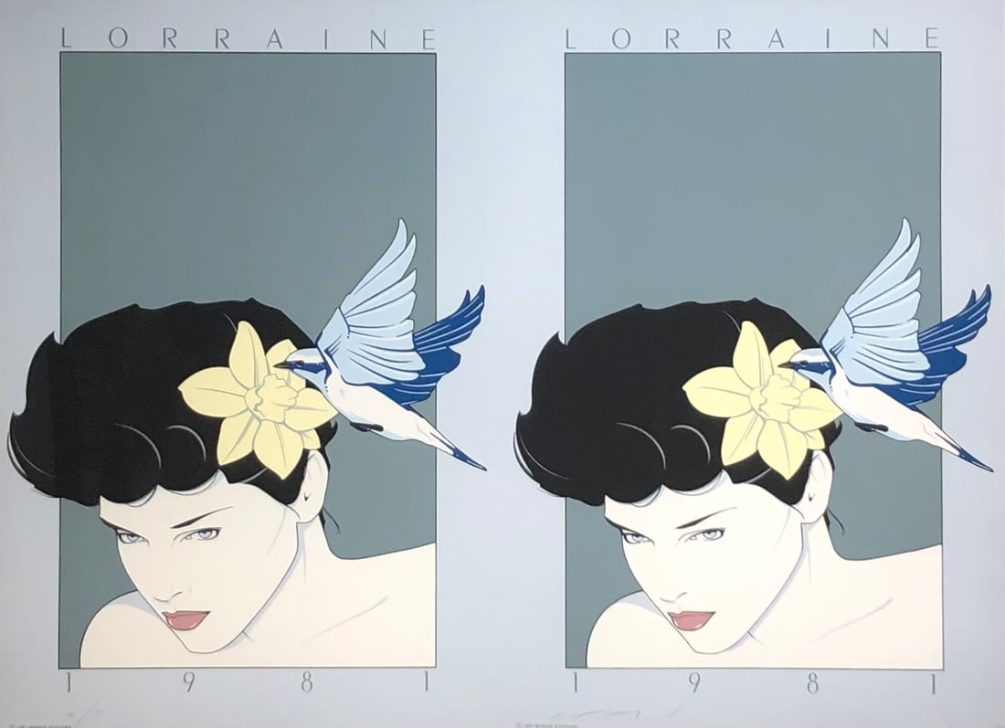 Patrick Nagel "Lorraine" Signed Uncut Full Sheet Diptych Serigraph (1981) - EXTREMELY RARE: Artist: Patrick Nagel Title: Lorraine (1981) Medium: Serigraph on Paper Limited Edition: AP Art Dimensions: 25 H x 34 W x 2 D inches Framed Dimensions: 31 H x 40 W inche