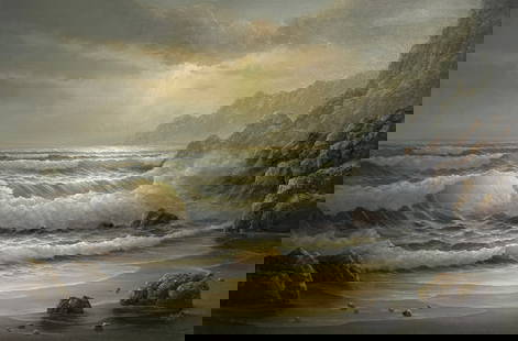 Bob Sanders (Seascape) Signed Original Oil: Artist: Bob Sanders Title: Untitled (Seascape) Medium: Oil on Canvas Art Dimensions: 24 H x 36 W x 1 D inches ARTIST BIO: Bob Sanders was born in Leeds in 1954 and attended school in London.