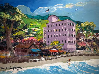Paul Blaine Henrie "View Of The Hotel From The Victor Hugo Gardens" Signed Original Oil 1997: Artist: Paul Blaine Henrie Title: View Of The Hotel From The Victor Hugo Gardens Medium: Oil on Canvas Art Dimensions: 30 H x 40 W x 1 D inches ARTIST BIO: Paul Blaine Henrie (1932-1999) was