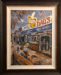 Jorn Fox Impressionist Signed Original Oil on Canvas: Artist: Jorn Fox Title: Dad's Original Frozen Banana Medium: Original Oil on Canvas Art Dimensions: 40 H x 30 W x 2 D inches Framed Dimensions: 54 H x 44 W x 2 D inches