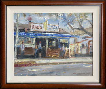 Jorn Fox Impressionist Signed Original Oil on Canvas: Artist: Jorn Fox Title: Dad's Sweet Treats Medium: Original Oil on Canvas Art Dimensions: 24 H x 30 W x 2 D inches Framed Dimensions: 33 H x 39 W x 2 D inches ARTIST BIO