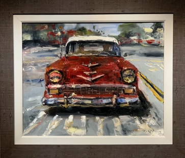 Jorn Fox Impressionist Signed Original Oil on Canvas: Artist: Jorn Fox Title: Red 56 Chevy Medium: Original Oil on Canvas Art Dimensions: 24 H x 30 W x 2 D inches Framed Dimensions: 33 H x 39 W x 2 D inches ARTIST BIO: