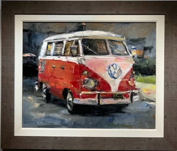 Jorn Fox Impressionist Signed Original Oil on Canvas: Artist: Jorn Fox Title: Red VW Bus Medium: Original Oil on Canvas Art Dimensions: 25 H x 30 W x 2 D inches Framed Dimensions: 29 H x 35 W x 2 D inches ARTIST BIO: