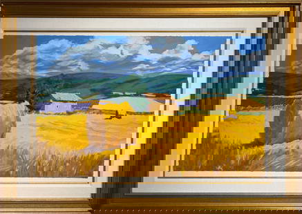 Maria Bertran "Hayrolls In The Lavender Field" Signed Serigraph LE: Artist: Maria Bertran Title: Hayrolls In The Lavender Field Medium: Serigraph on Paper Art Dimensions: 25 H x 40 W x 3 D inches Framed Dimensions: 38 H x 53 W x 3 D inches