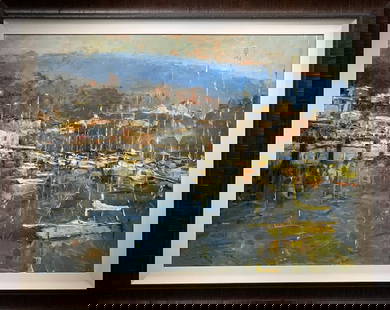 Jorn Fox Impressionist Signed Oil on Canvas: Artist: Jorn Fox Title: (California Harbor) Medium: Original Oil on Canvas Art Dimensions: 35 H x 47 W x 2 D inches Framed Dimensions: 46 H x 58 W x 2 D inches ARTIST BI